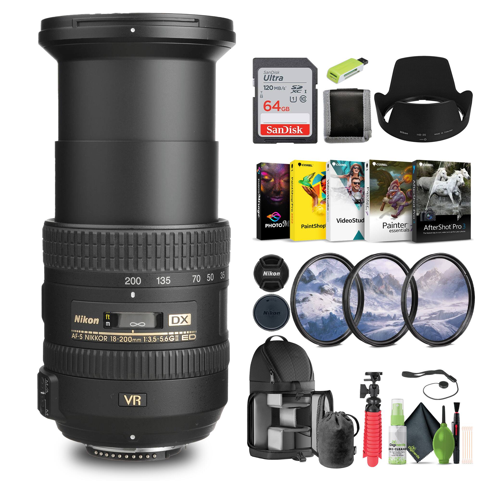 SanDisk Ultra 120 MB/s 64 GB

Nikon AF-S NIKKOR 18-200mm 1:3.5-5.6G ED VR DX

PaintShop Photo
VideoStud
Painter essentials
AfterShot Pro

Nikon filters

Camera bag
Cleaning kit
Tripod
Lens hood