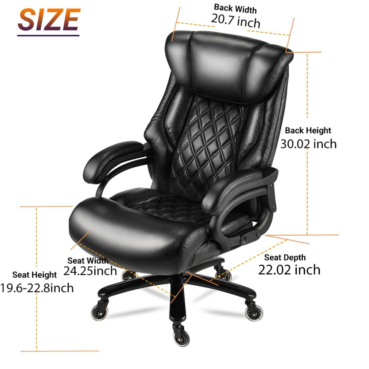 SIZE  
Back Width: 20.7 inch  
Back Height: 30.02 inch  
Seat Width: 24.25 inch  
Seat Height: 19.6-22.8 inch  
Seat Depth: 22.02 inch
