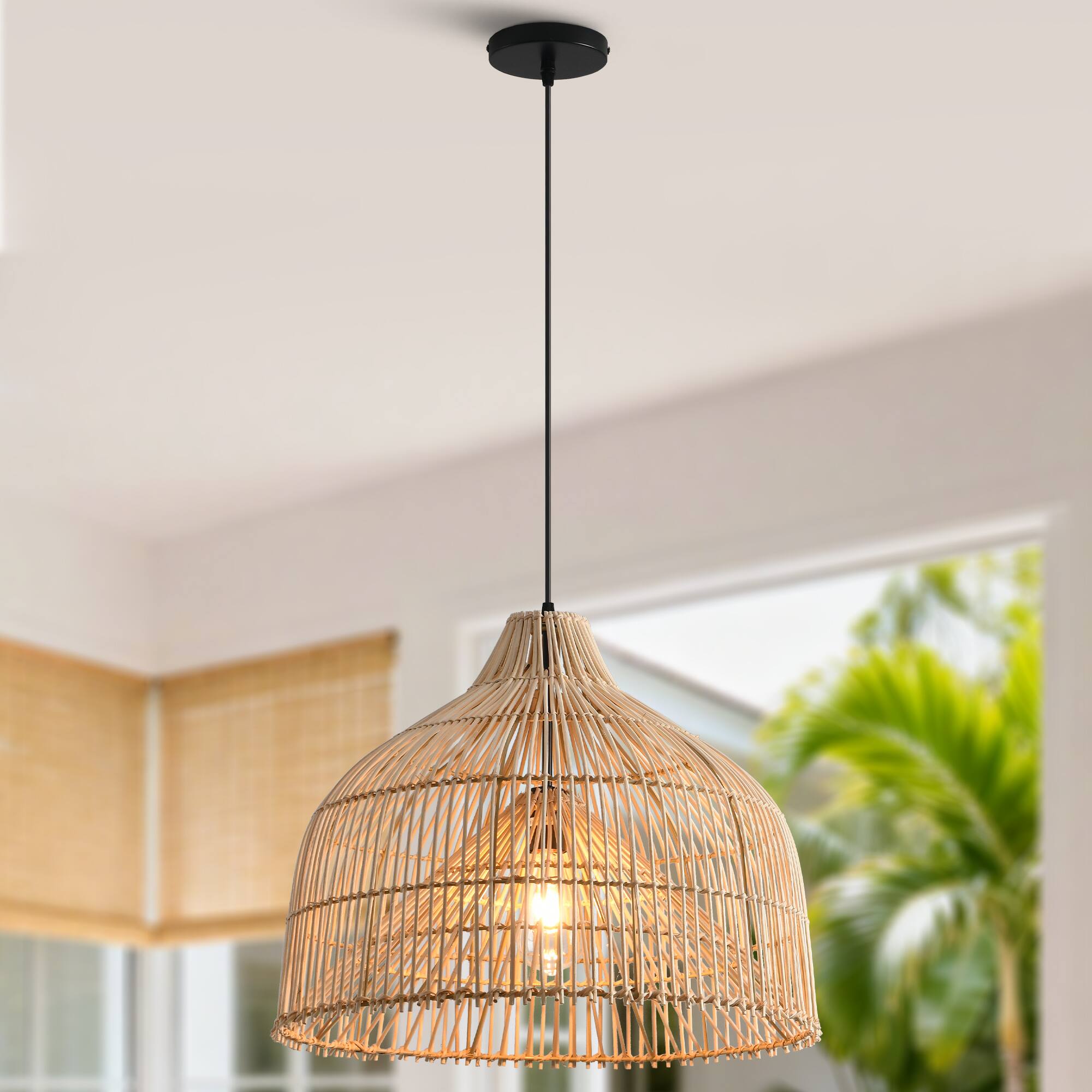 Alt View 1. Parrot Uncle - 1-Light Boho Brown Rattan Hand-Woven Cloche Hanging Basket Pendant Light - Brown.