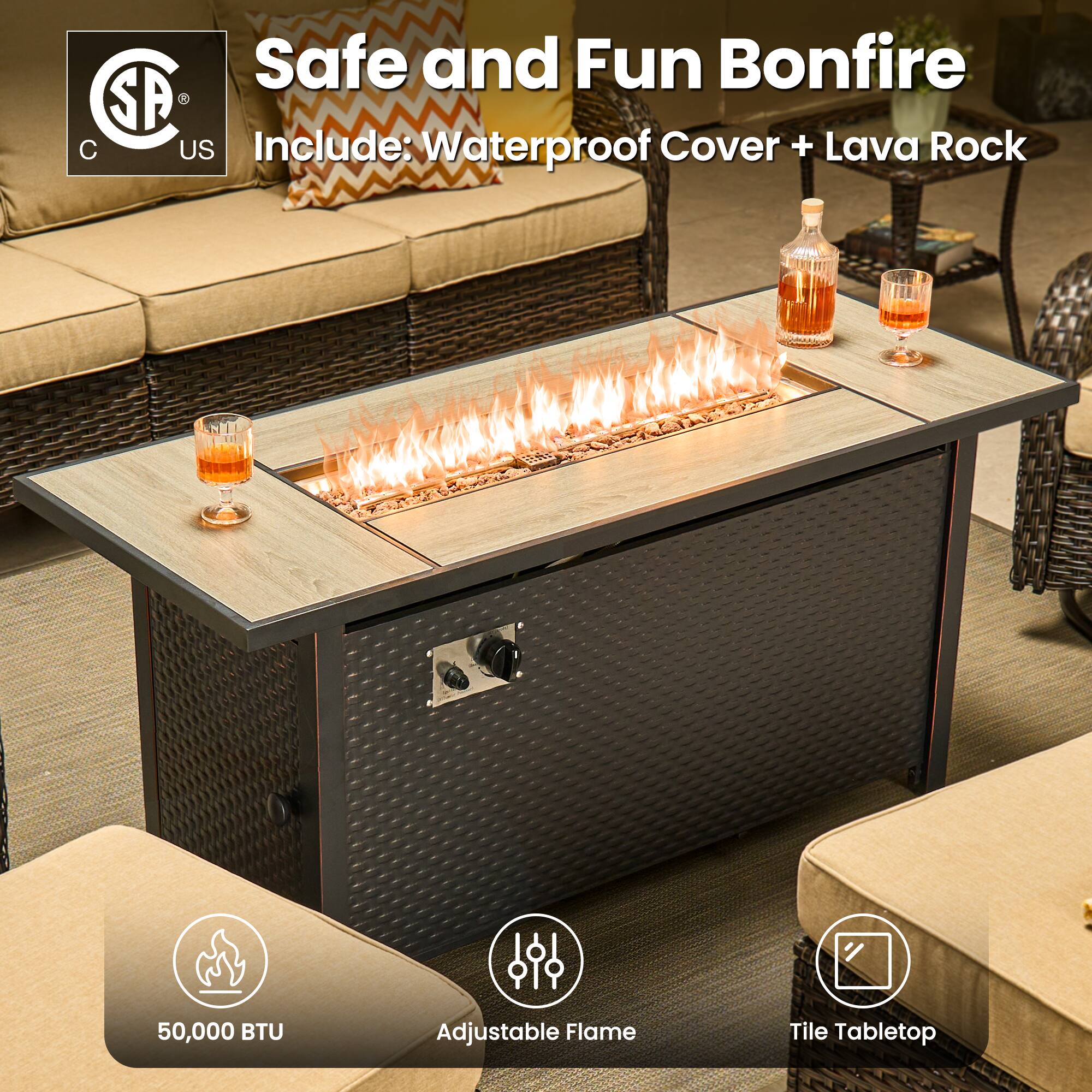 Safe and Fun Bonfire  
Include: Waterproof Cover + Lava Rock  

50,000 BTU  
Adjustable Flame  
Tile Tabletop