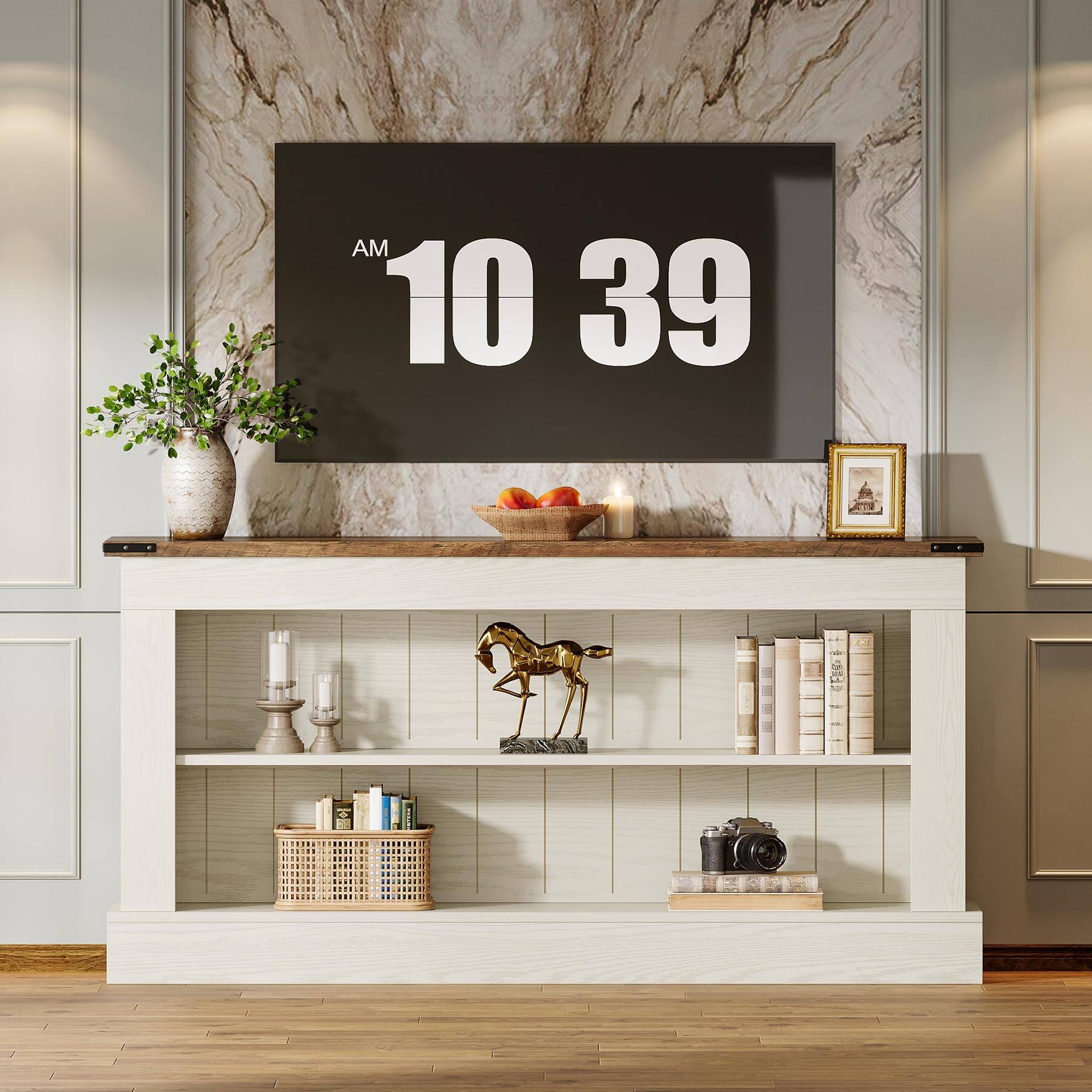 Alt View 1. Tribesigns - 63-Inch Farmhouse TV Stand with 2 Open Storage Shelves and Reinforced Base for 50-70 Inch TVs - White and Brown.