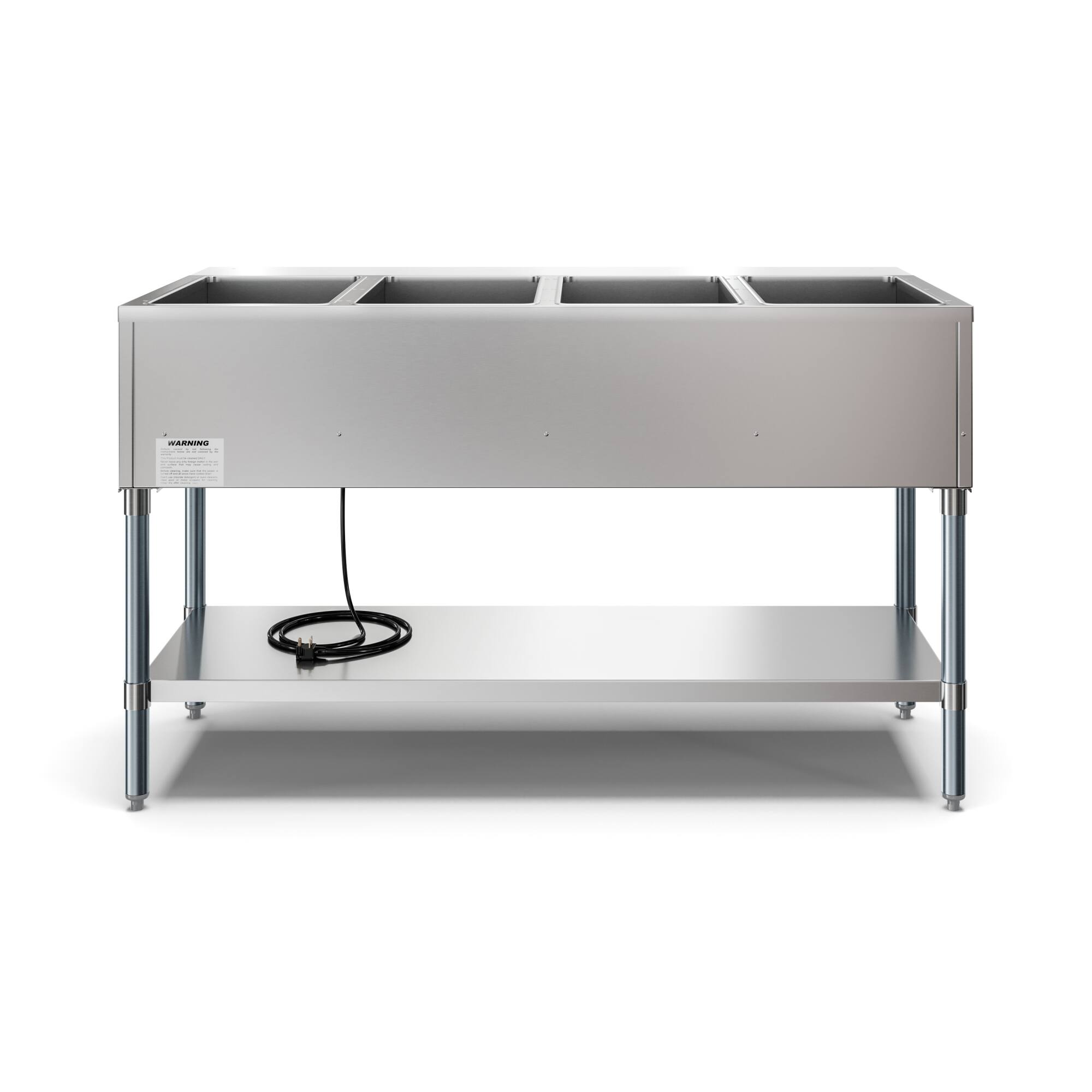 Left. Koolmore - Four Pan Open Well Electric Steam Table with Undershelf, KM-OWS-4. - Silver.