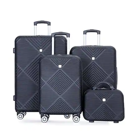 Front. BreeBe - 4-Piece ABS Lightweight Suitcase Set with Makeup Box and Aircraft Wheels - Black.