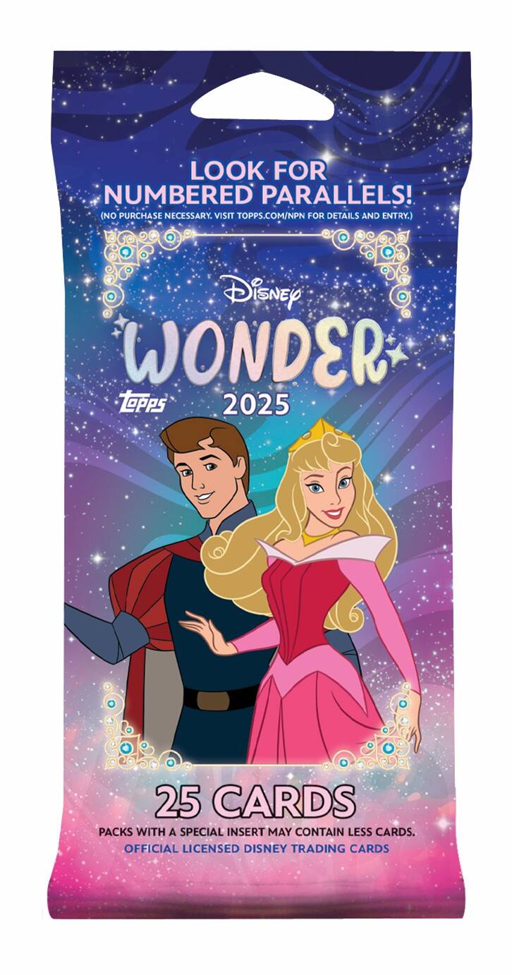 LOOK FOR NUMBERED PARALLELS!
(NO PURCHASE NECESSARY. VISIT TOPPS.COM/NPN FOR DETAILS AND ENTRY.)
Disney WONDER
2025
25 CARDS
PACKS WITH A SPECIAL INSERT MAY CONTAIN LESS CARDS.
OFFICIAL LICENSED DISNEY TRADING CARDS