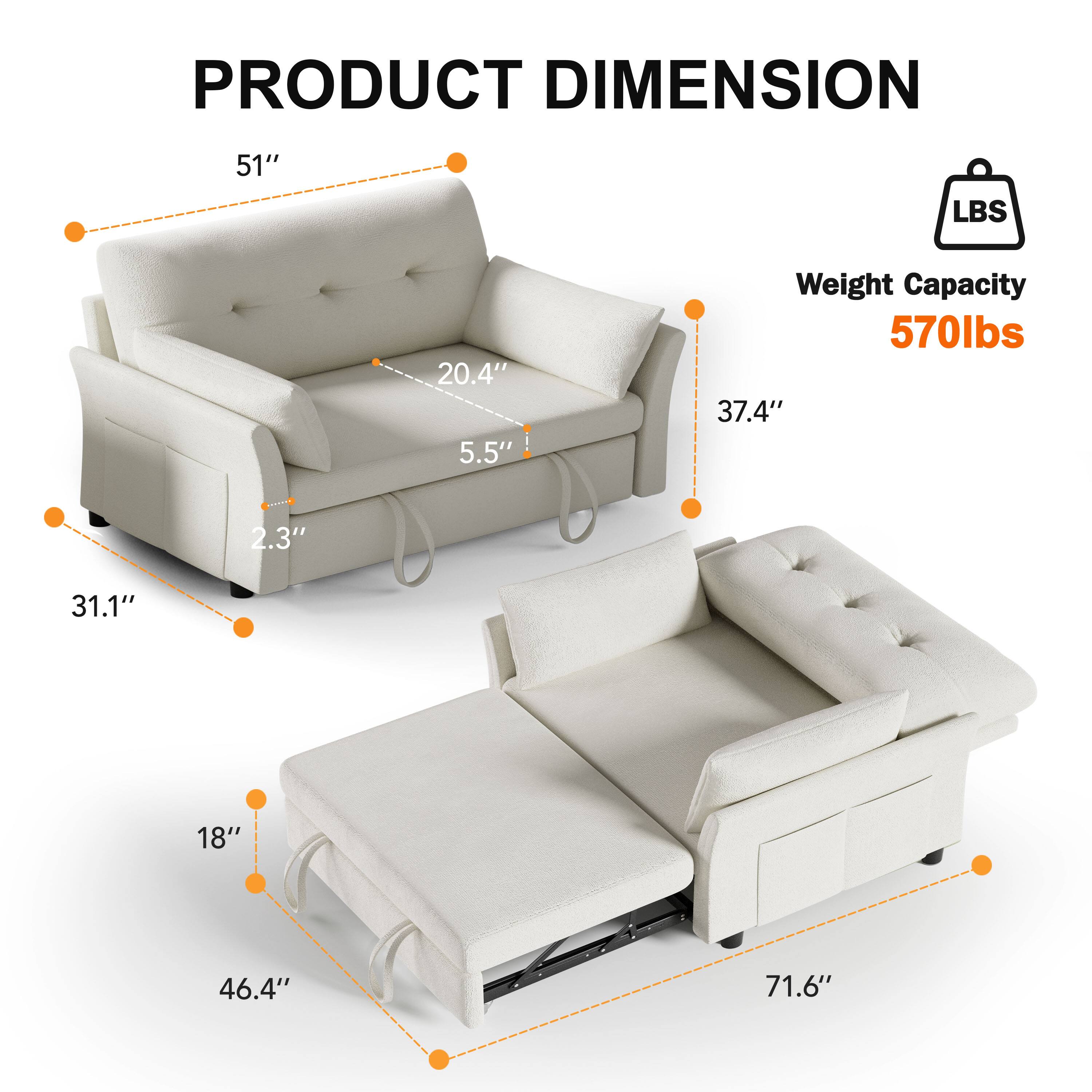 PRODUCT DIMENSION  
51" L x 20.4" W x 5.5" H  
Weight Capacity: 570lbs  
37.4" S x 2.3" T x 31.1" D  
18" W x 46.4" L x 71.6"