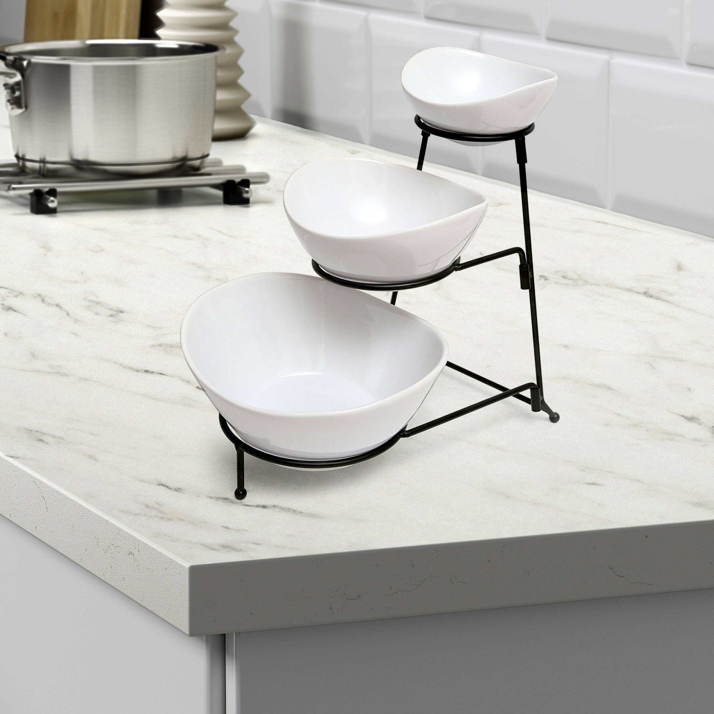 Alt View 2. Gibson - Gibson Elite Gracious Dining 3 Tier Bowl Server Set with Metal Stand - White.