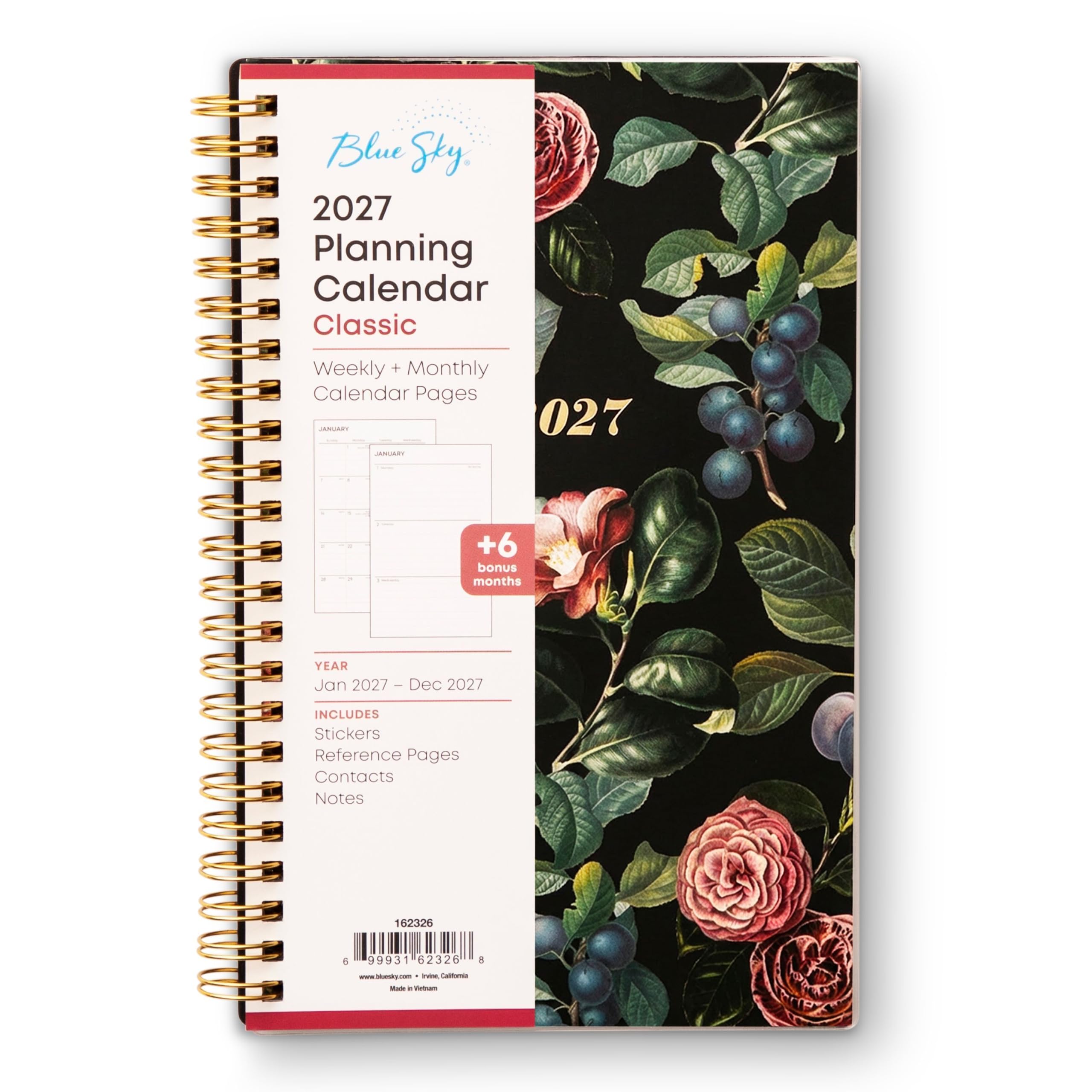 Blue Sky: 2027 Planning Calendar Classic  
Weekly + Monthly Calendar Pages  
+6 bonus months  
YEAR Jan 2027 - Dec 2027  
INCLUDES Stickers Reference Pages Contacts Notes  
162326  
6  
99931 62326 - blumiky.com  
10:00 1 MEDIANTS