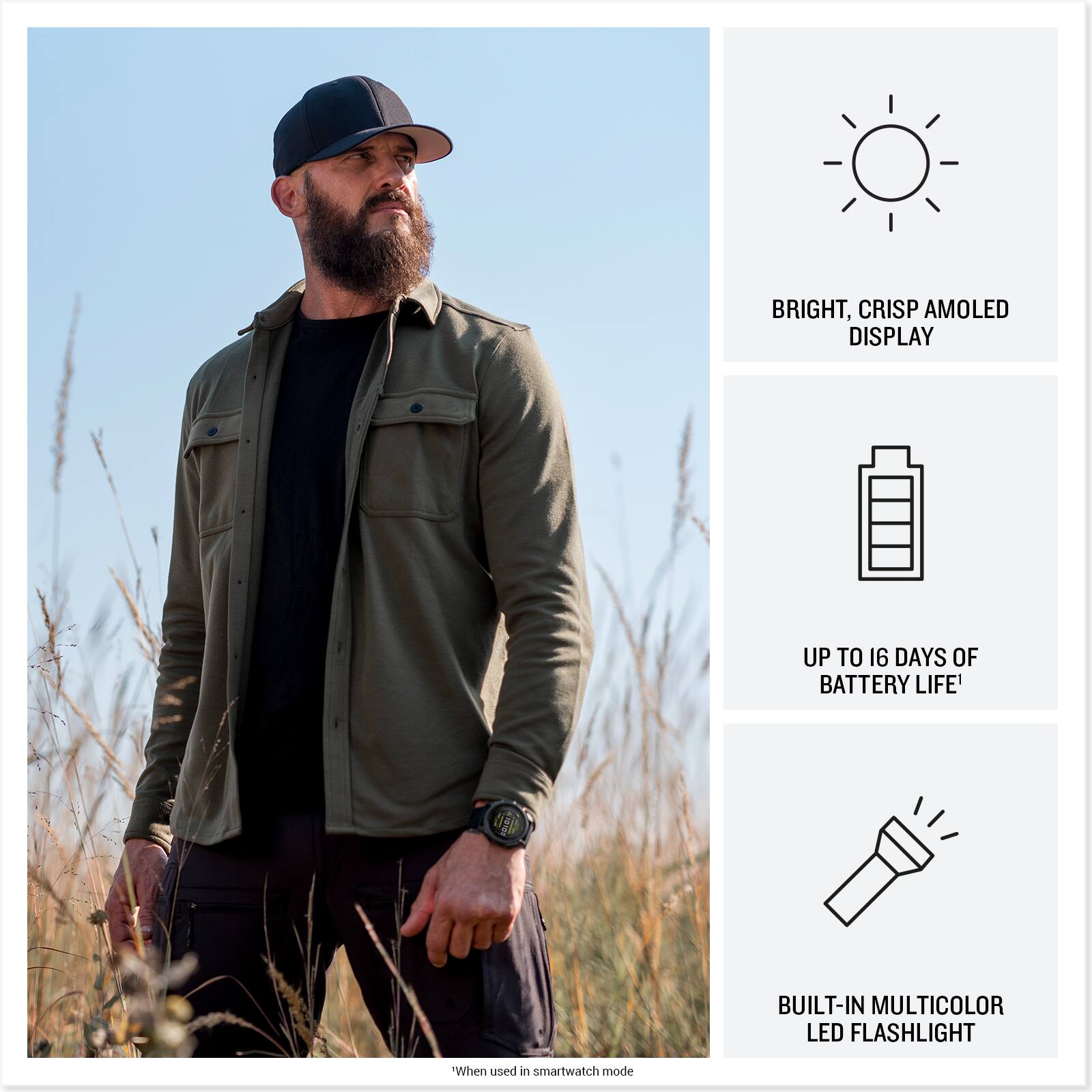 "BRIGHT, CRISP AMOLED DISPLAY UP TO 16 DAYS OF BATTERY LIFE" "BUILT-IN MULTICOLOR LED FLASHLIGHT" "When used in smartwatch mode"