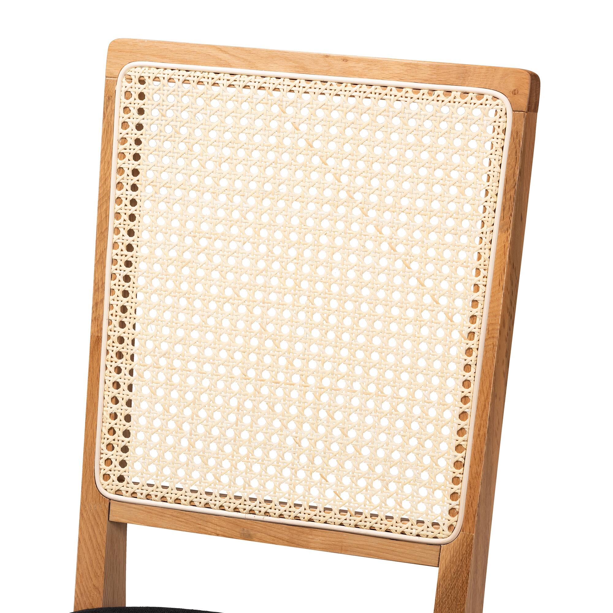 Back. Baxton Studio - Idris Mid-Century Modern Fabric Upholstered and Oak Finished 2-Piece Rattan Dining Chair Set - Black/Oak Brown.