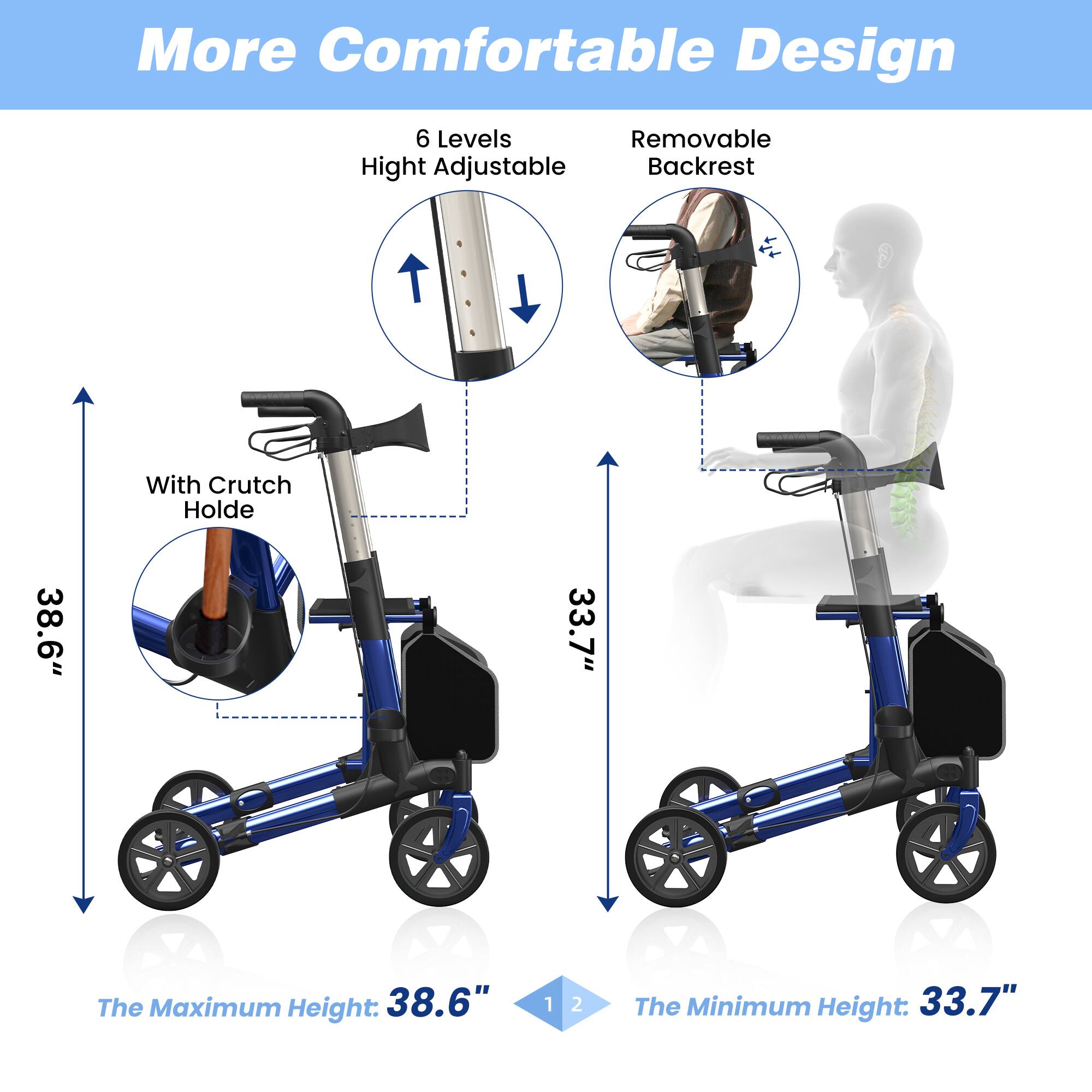 More Comfortable Design

- 6 Levels Height Adjustable
- Removable Backrest
- With Crutch Holde

The Maximum Height: 38.6"
The Minimum Height: 33.7"