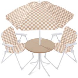 Best Choice Products - Kids Outdoor Table and Chair Set with Umbrella, 3-Piece Foldable Toddler Picnic Set Ages 2-5 - Tan - Tan / White