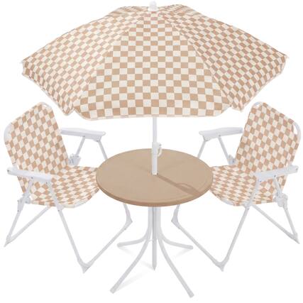 Front. Best Choice Products - Best Choice Products Kids Outdoor Table and Chair Set with Umbrella, 3-Piece Foldable Toddler Picnic Set Ages 2-5 - Tan - Tan / White.