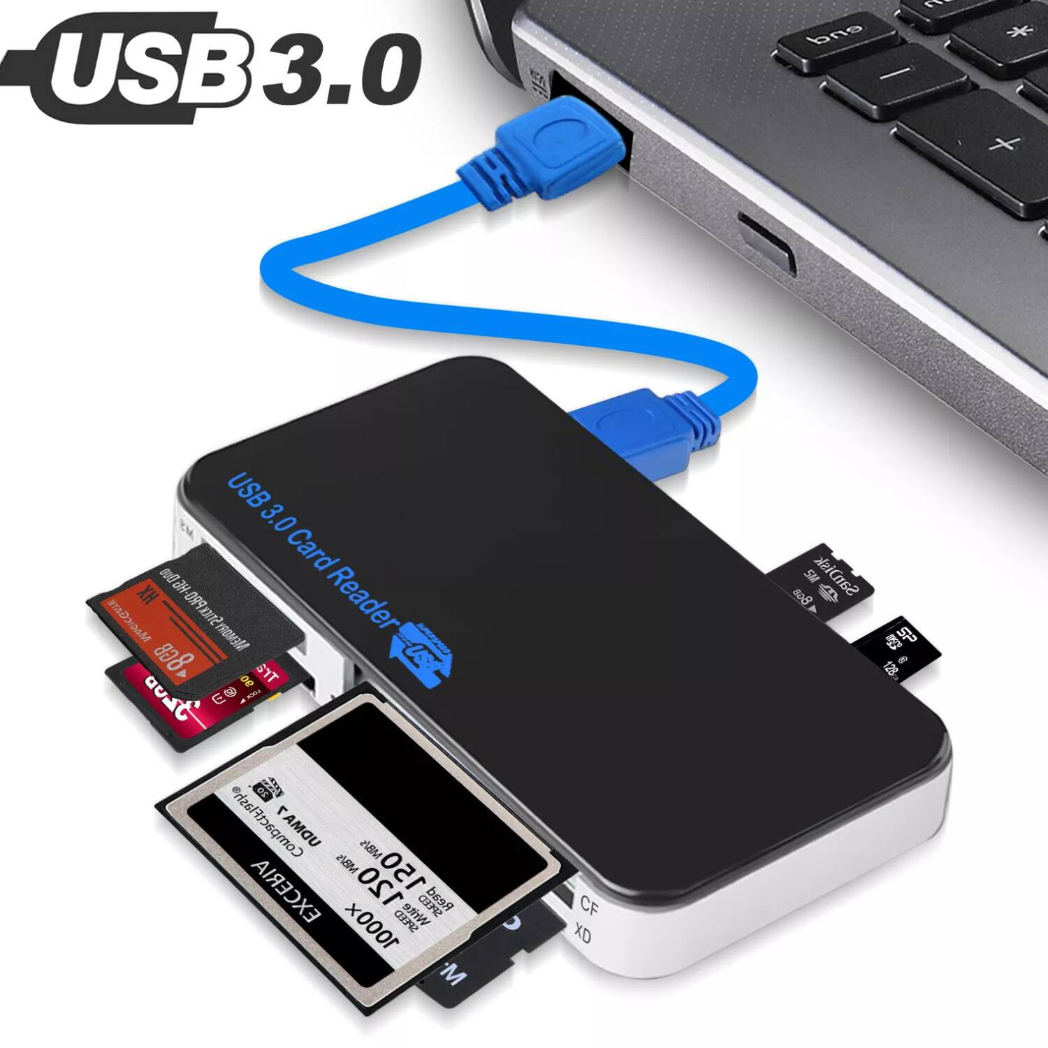 USB 3.0 Card Reader

- Supports USB 3.0
- CompactFlash (CF)
- Secure Digital (SD)
- Extreme Pro (XQD)
- UDMA MB/s
- Read Speed: 1000x
- Write Speed: 1000x
- 8GB to 128GB
- SanDisk EXCERIA
- 120MB/s
- 150MB/s