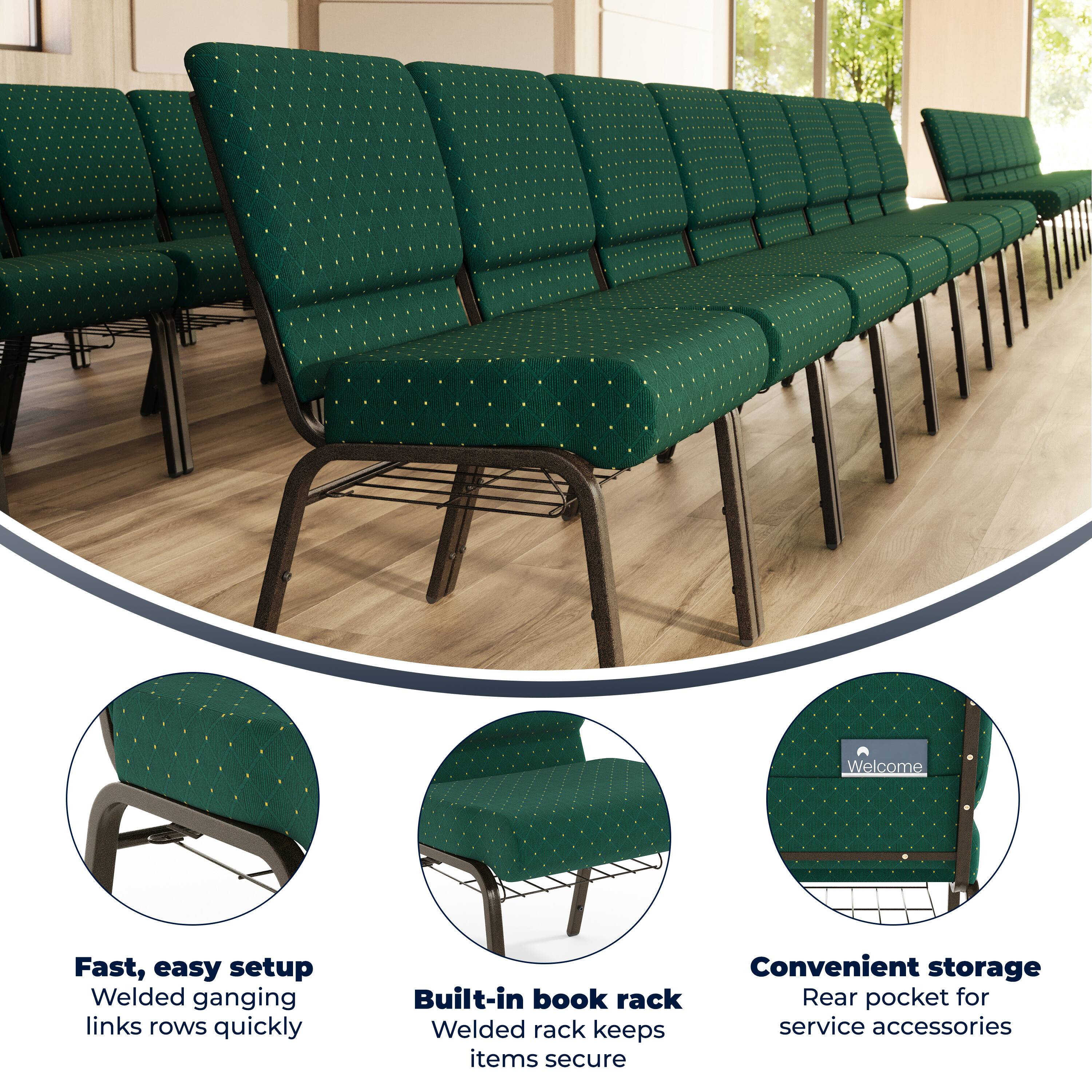 Welcome

Fast, easy setup  
Welded ganging links rows quickly

Convenient storage  
Built-in book rack  
Rear pocket for service accessories  
Welded rack keeps items secure
