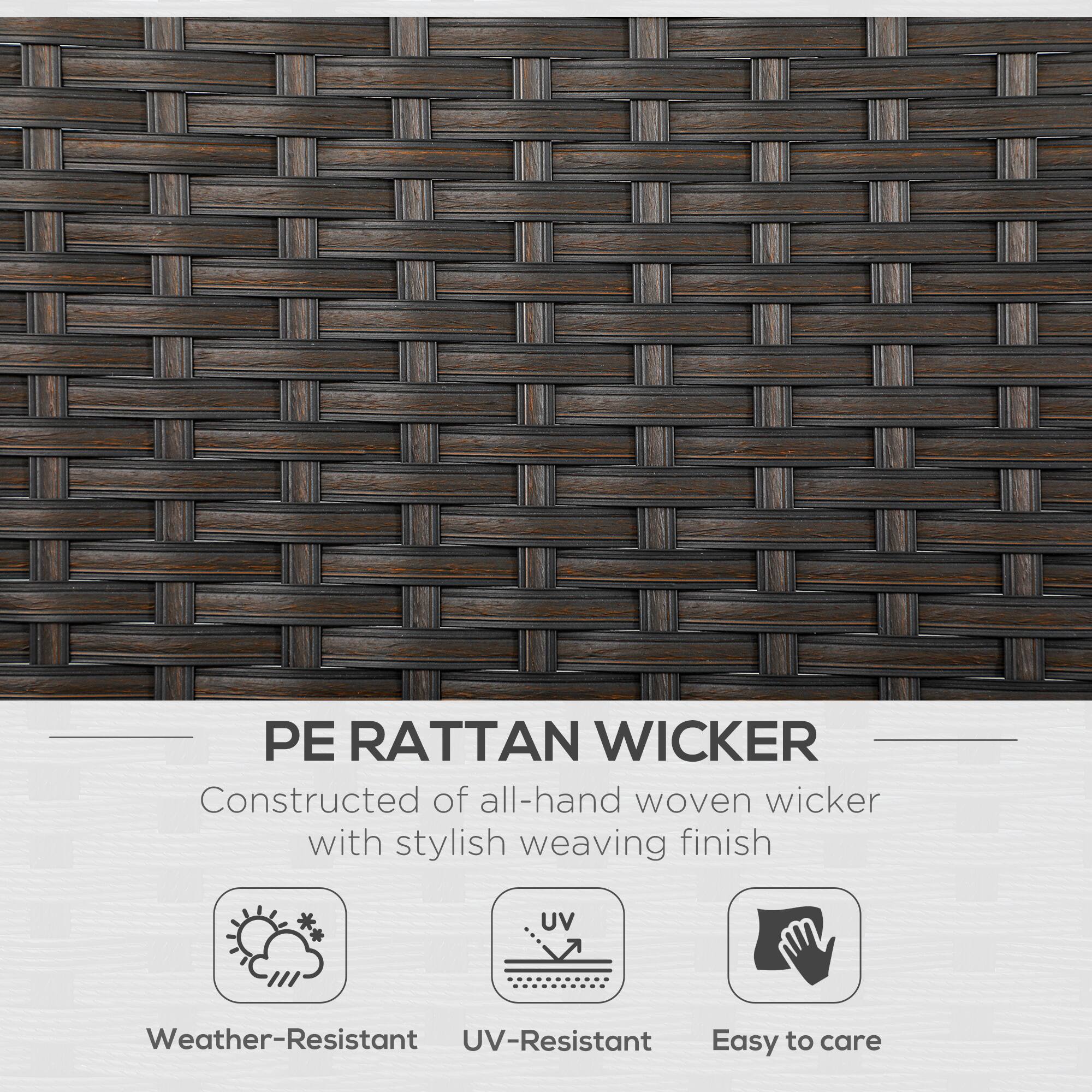 PE RATTAN WICKER Constructed of all-hand woven wicker with stylish weaving finish Weather-Resistant UV-Resistant Easy to care