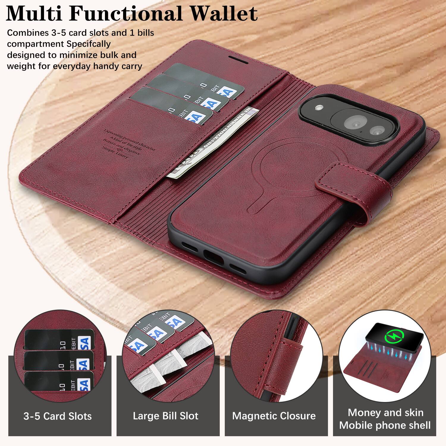 Multi Functional Wallet  
Combines 3-5 card slots and 1 bills compartment  
Specifically designed to minimize bulk and weight for everyday handy carry  

3-5 Card Slots  
Large Bill Slot  
Magnetic Closure  
Money and skin Mobile phone shell