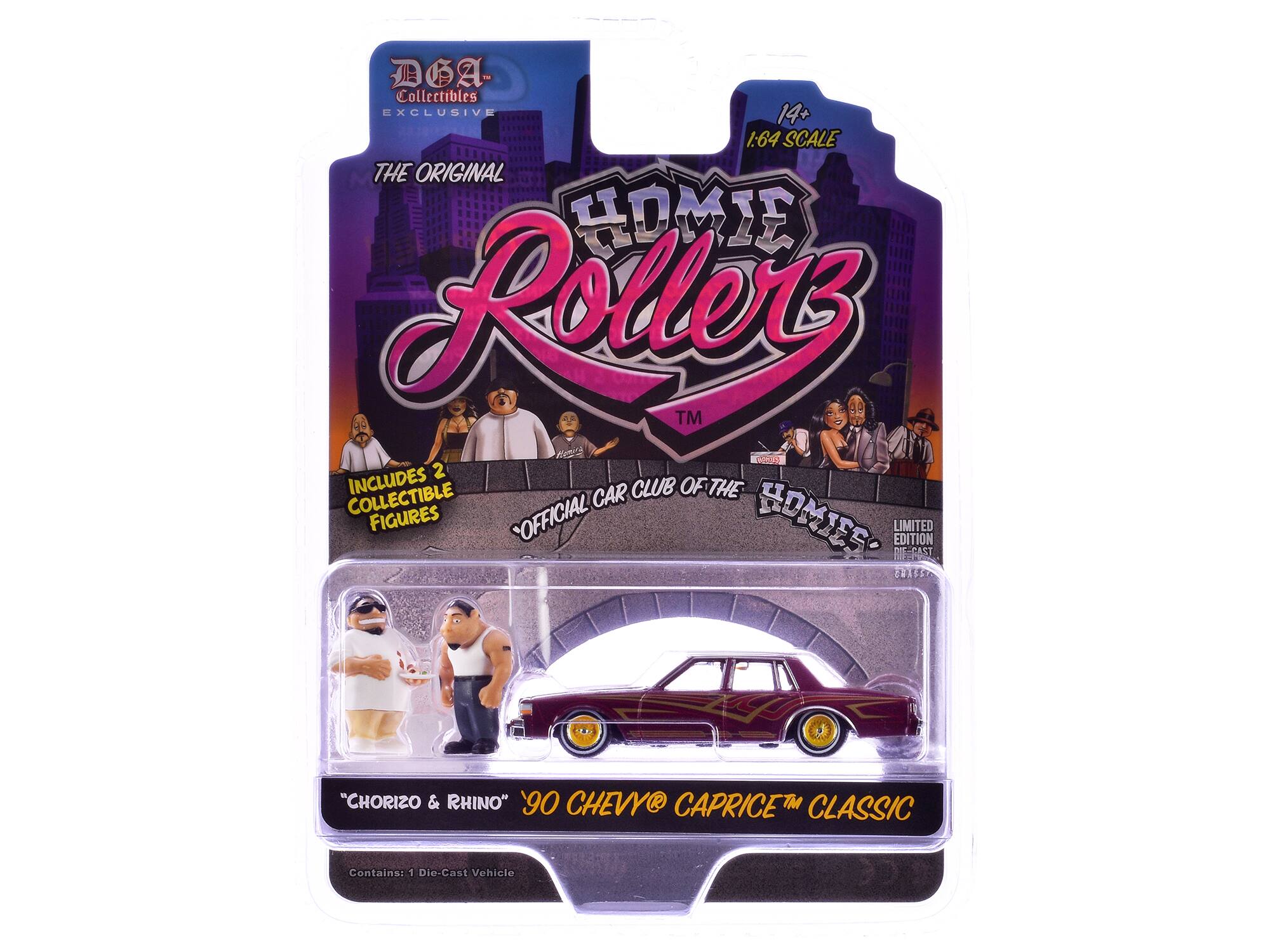 DGA Collectibles EXCLUSIVE 14+ 1:64 SCALE THE ORIGINAL HOMIE ROLLERS™ INCLUDES 2 COLLECTIBLE FIGURES OFFICIAL CAR CLUB OF THE HOMIES LIMITED EDITION RIS-GAST CLES "CHORIZO & RHINO" 90 CHEVY CAPRICE CLASSIC Contains: 1 Die-Cast Vehicle