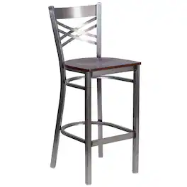 Flash Furniture - HERCULES Series Silver Antique Finish with Clear Coat ''X'' Back Metal Restaurant Barstool - Walnut Wood Seat - Brown
