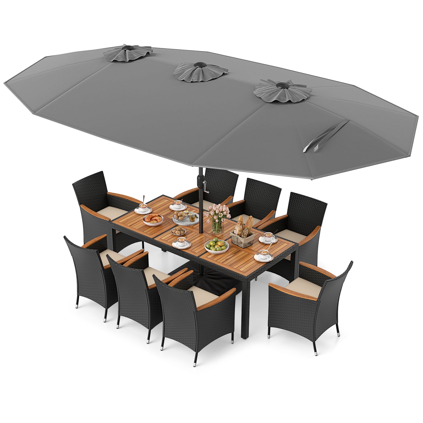 Costway - 11 PCS Patio Wicker Dining Set with Double-Sided Outdoor Umbrella 8 Stackable Chairs - Gray,White price history on PriceWatchPro