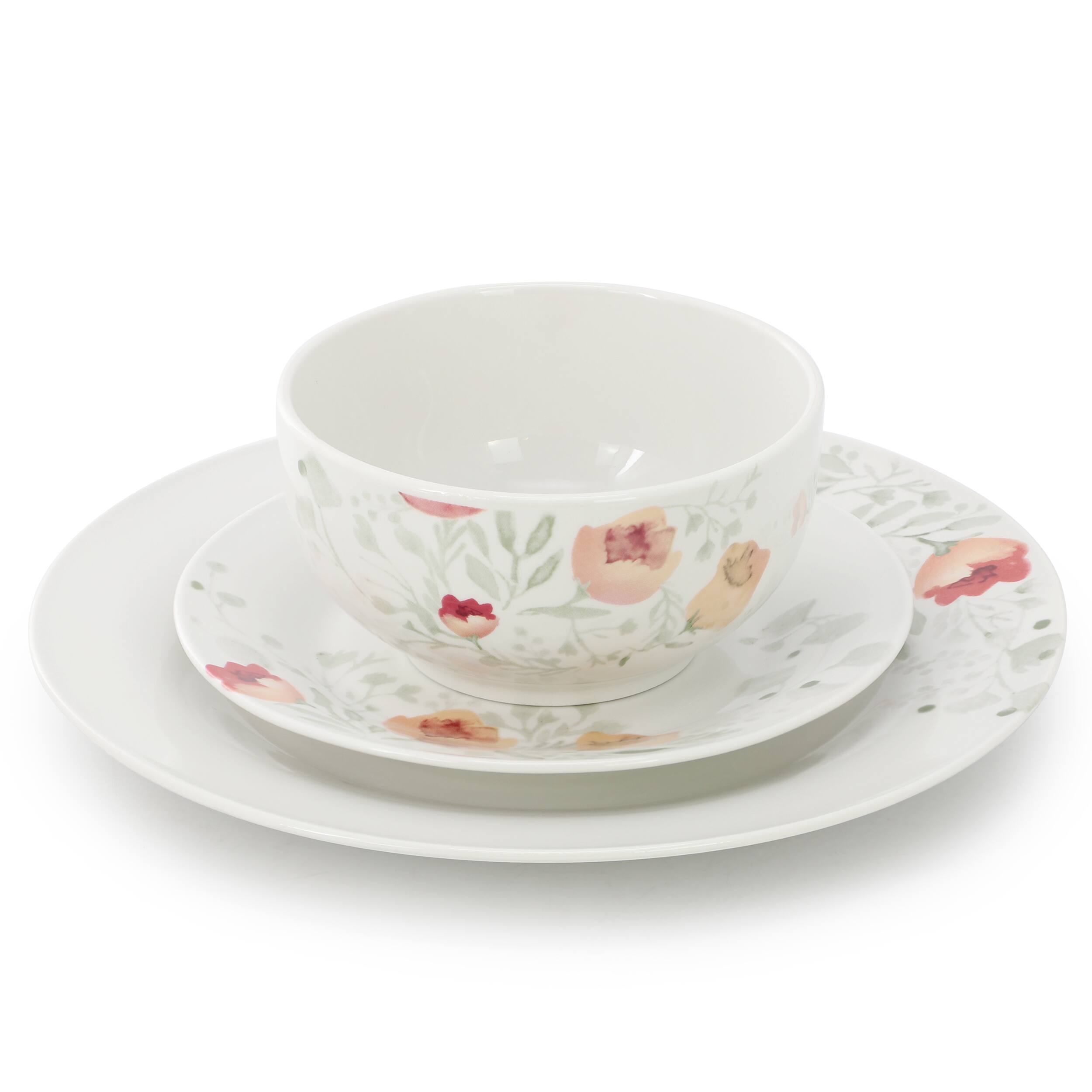 Angle. Elama - Elama Poppy 12 Piece Porcelain Dinnerware Set, Service for 4 - White and Orange.