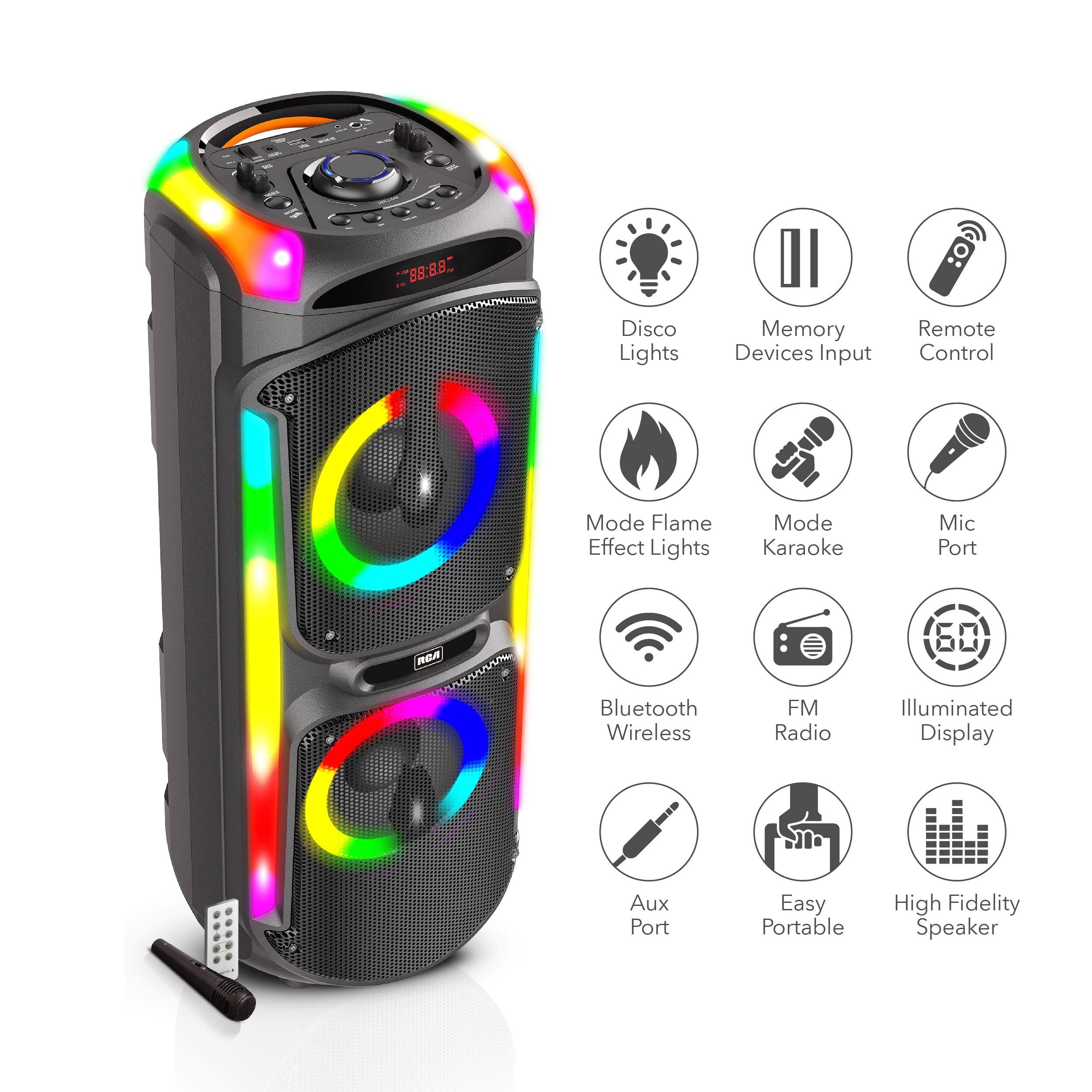 - Disco Lights
- Memory Devices Input
- Remote Control
- Mode Flame Effect Lights
- Mode Karaoke
- Mic Port
- Bluetooth Wireless
- FM Radio
- Illuminated Display
- Aux Port
- Easy Portable
- High Fidelity Speaker