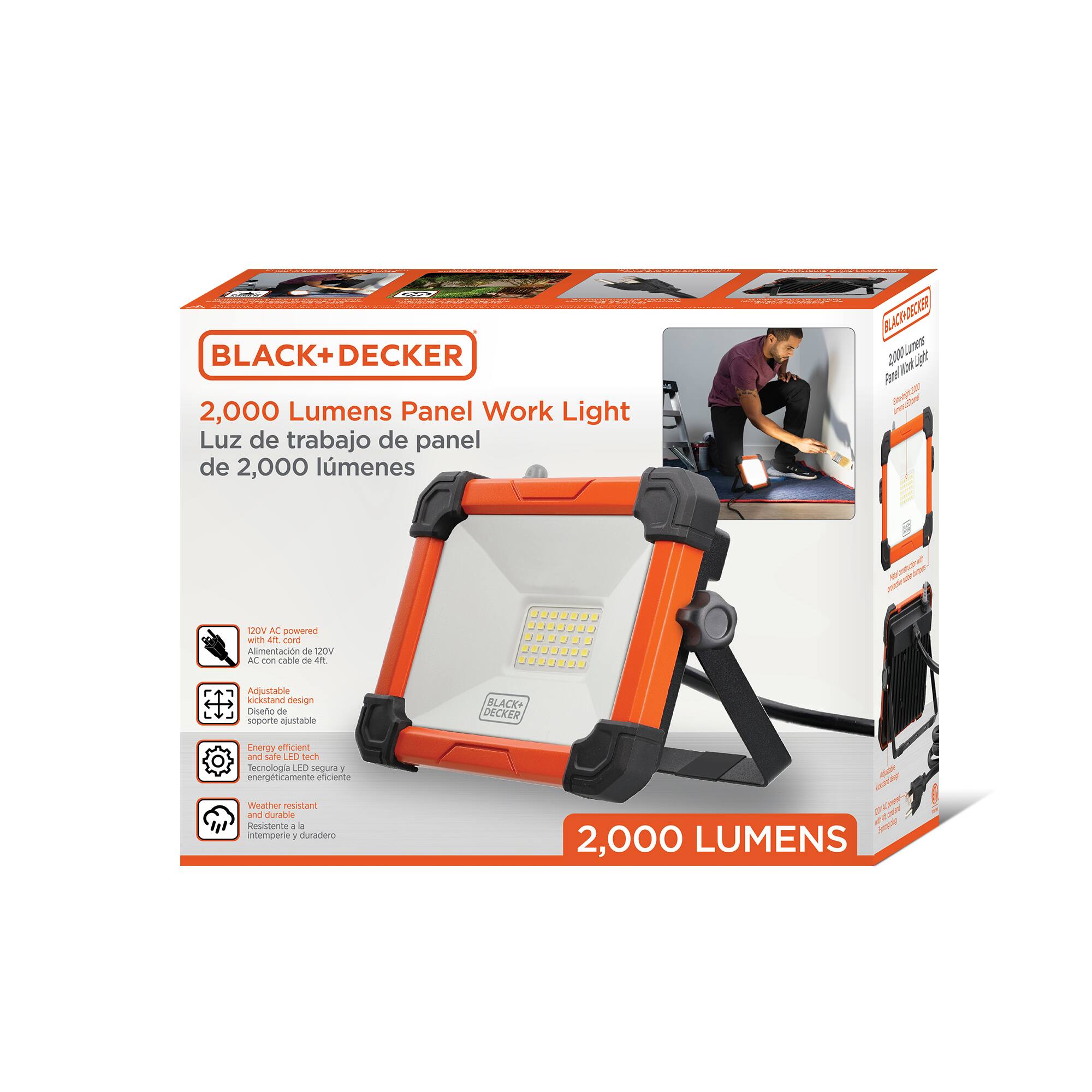 BLACK+DECKER 2,000 Lumens Panel Work Light  
Luz de trabajo de panel de 2,000 lúmenes  

120V AC powered with 47" cord  
Alimentación de 120V AC con cable de 47"  

Adjustable kickstand design  
Diseño de soporte ajustable  

Energy efficient and safe LED tech  
Tecnología LED segura y energéticamente eficiente  

Weather resistant and durable  
Resistente a la intemperie y duradero  

2,000 LUMENS