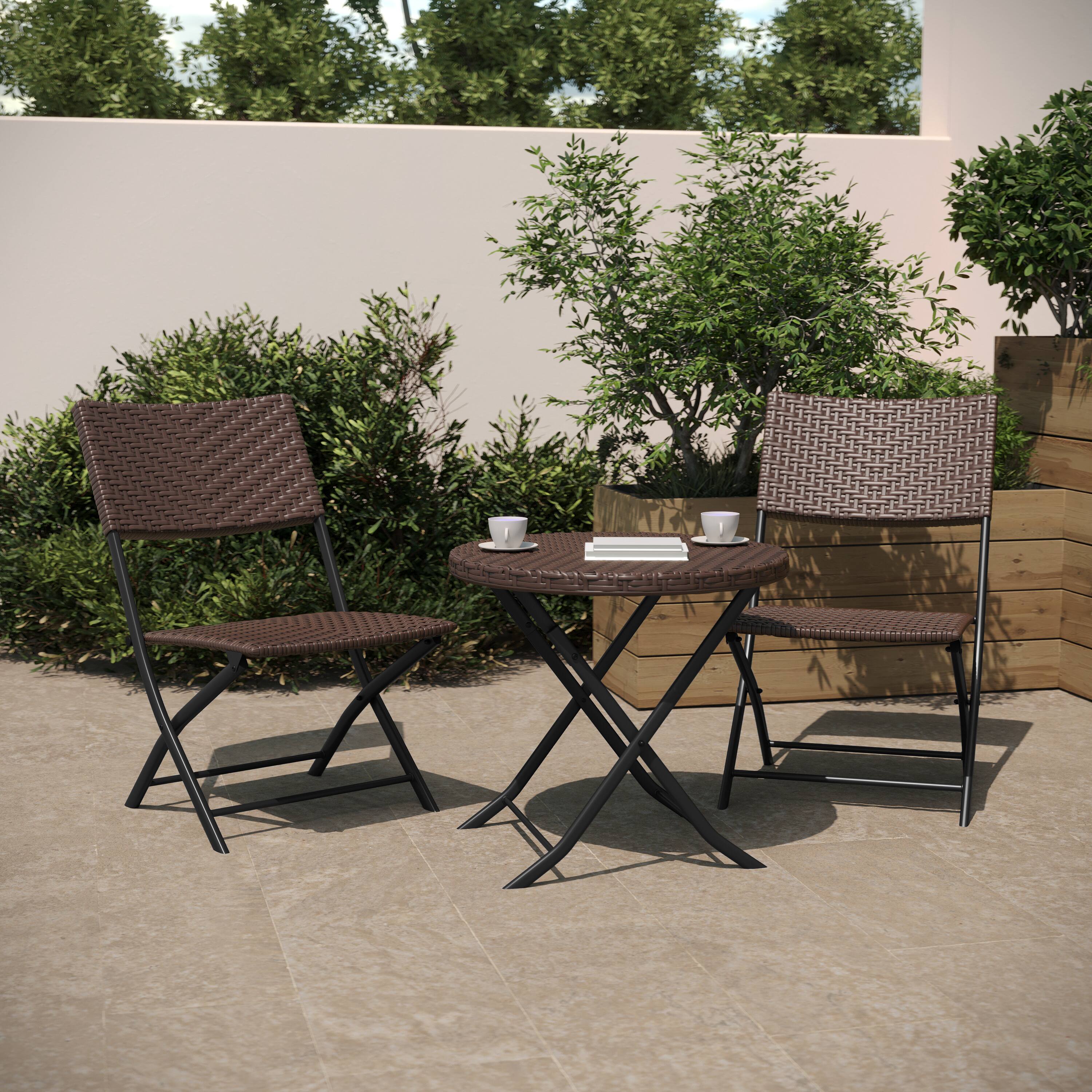 Alt View 3. Flash Furniture - Rouen Three Piece Commercial Grade Foldable Bistro Set, Indoor/Outdoor PE Rattan Back, Seat and Table Top, Brown with Bl - Brown.