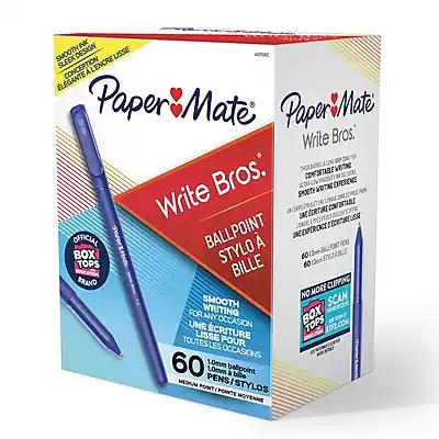 **Paper Mate Write Bros.**
**Smooth Design / Conception Lisse**
**Comfortable Writing Experience / Expérience de Récriture Confortable**
**Ballpoint Stylo à Bille**
**60 Pens / Stylus**
**Medium Point / Point Moyen**
**10mm**
**No More Clipping / Plus de Clipping**
**Smooth Scan for Writing Any Occasion / Lisse pour Écrire Toutes les Occasions**
**Official Box Tops / Boîte Officielle Box Tops**
**60 Oars / 60 Armes**
**Smooth Writing / Écriture Lisse**
**For Any Occasion / Pour Toutes les Occasions**
**60 Ballpoint & Bise / 60 Bille & Bise**
**Paper Mate Write Bros.**