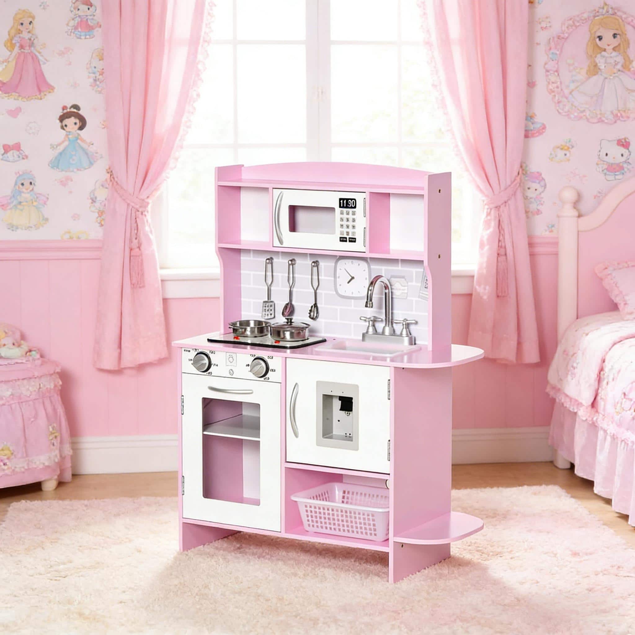 Front. Siljoy - Pink Kids Play Kitchen, Wooden Pretend Kitchen with Lights, Sound, 6-Piece Set, Storage, Ages 3-6 - Pink,White.