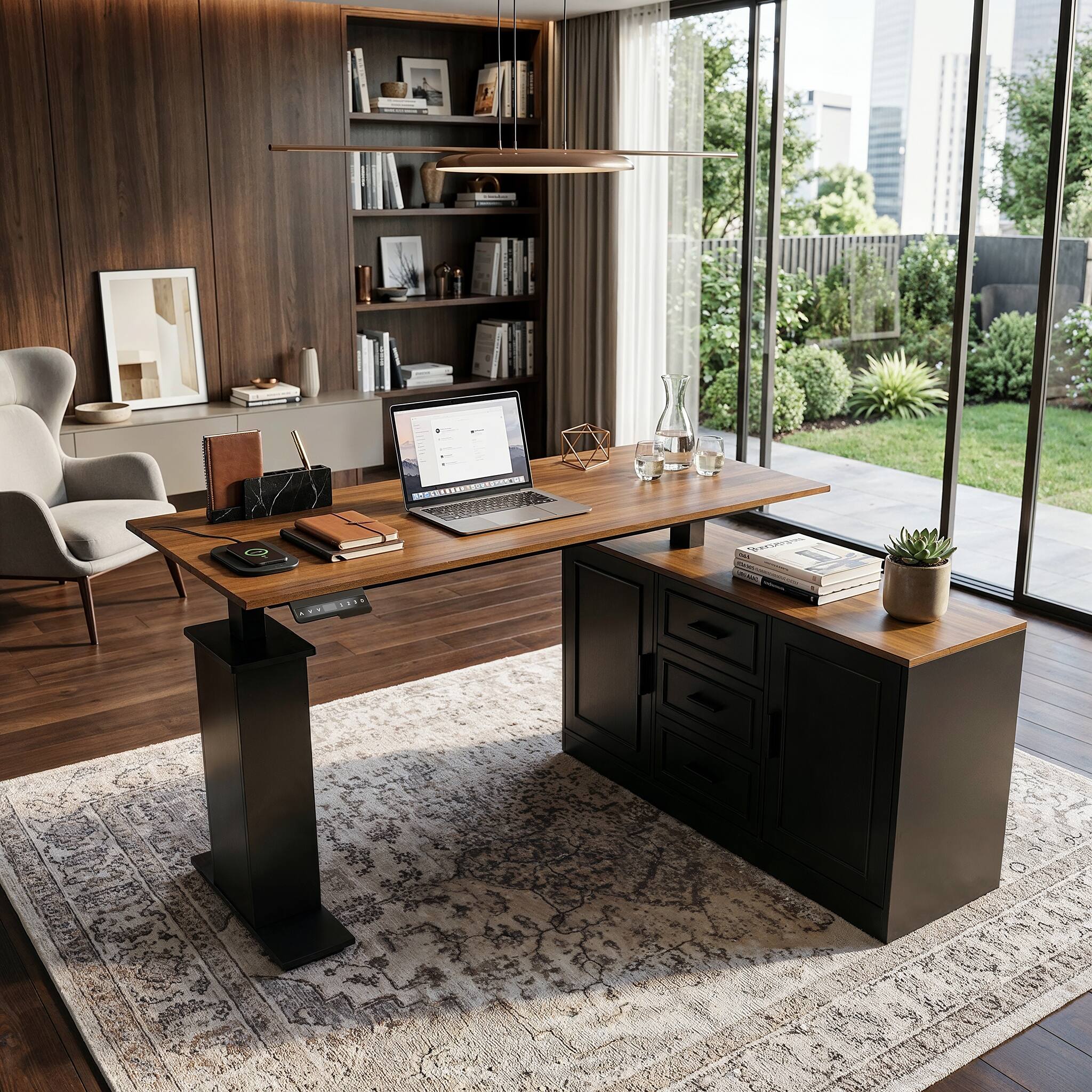 Back. Famapy - Electric Standing Desk with Storage Cabinet, 55.1" Adjustable Height Workstation, 150 LBS Capacity, Rustic Industrial - Walnut & Black.