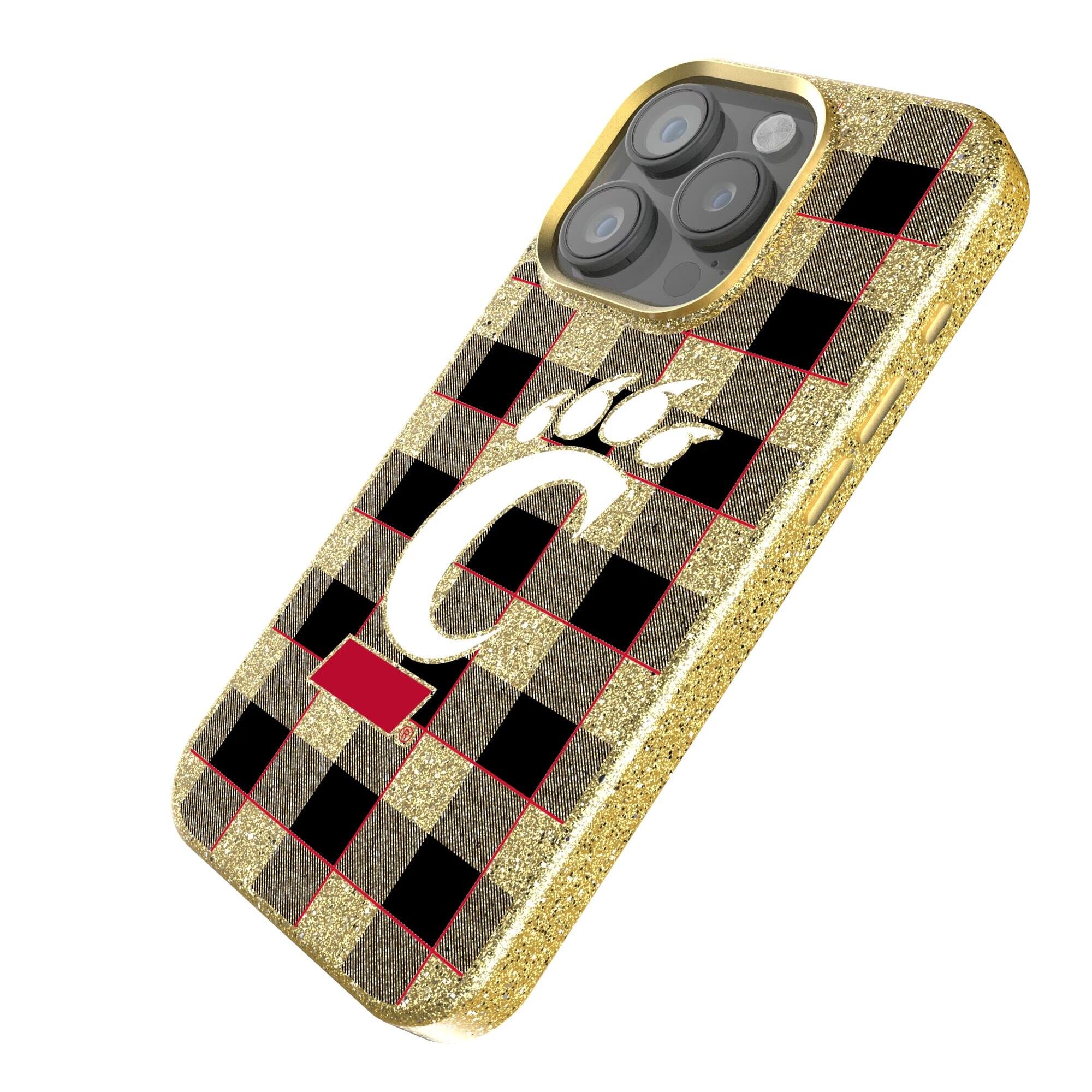 Alt View 1. Keyscaper - Cincinnati Bearcats Plaid Bling iPhone Case - 14 Pro - Gold.