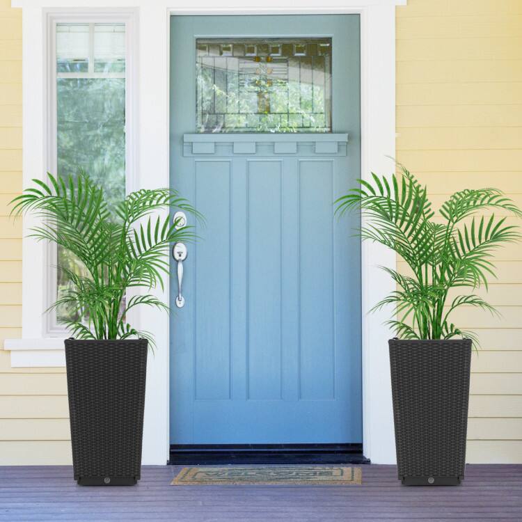 Angle. Mondawe - 2 Pack Outdoor Wicker Planters with Self-Watering System and Drainage Holes for Patio - Black.