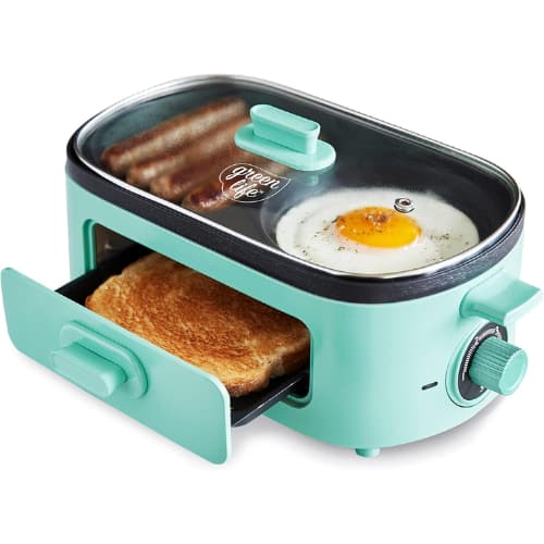 GreenLife - 3-in-1 Breakfast Maker Station, Ceramic Nonstick Dual Griddles, Toast Drawer, Timer - Turquoise