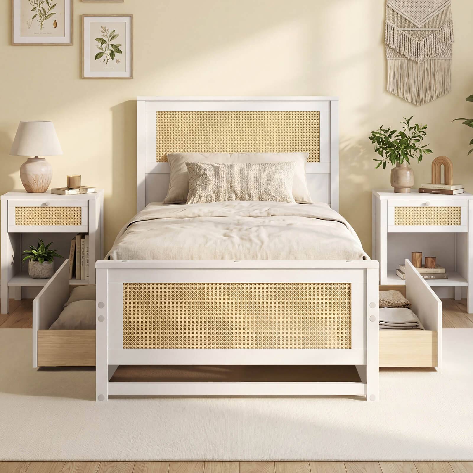 Alt View 3. Costway - Costway Twin Size Rattan Bed Frame with Headboard, 2 Storage Drawers & Space - White.