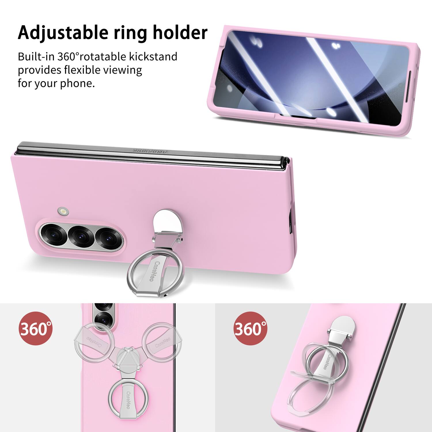 Adjustable ring holder  
Built-in 360° rotatable kickstand provides flexible viewing for your phone.  

ISRO CasoNoo 360  
CersNeo  
CeseNeo  
360 CassNeo  
ConeNeo