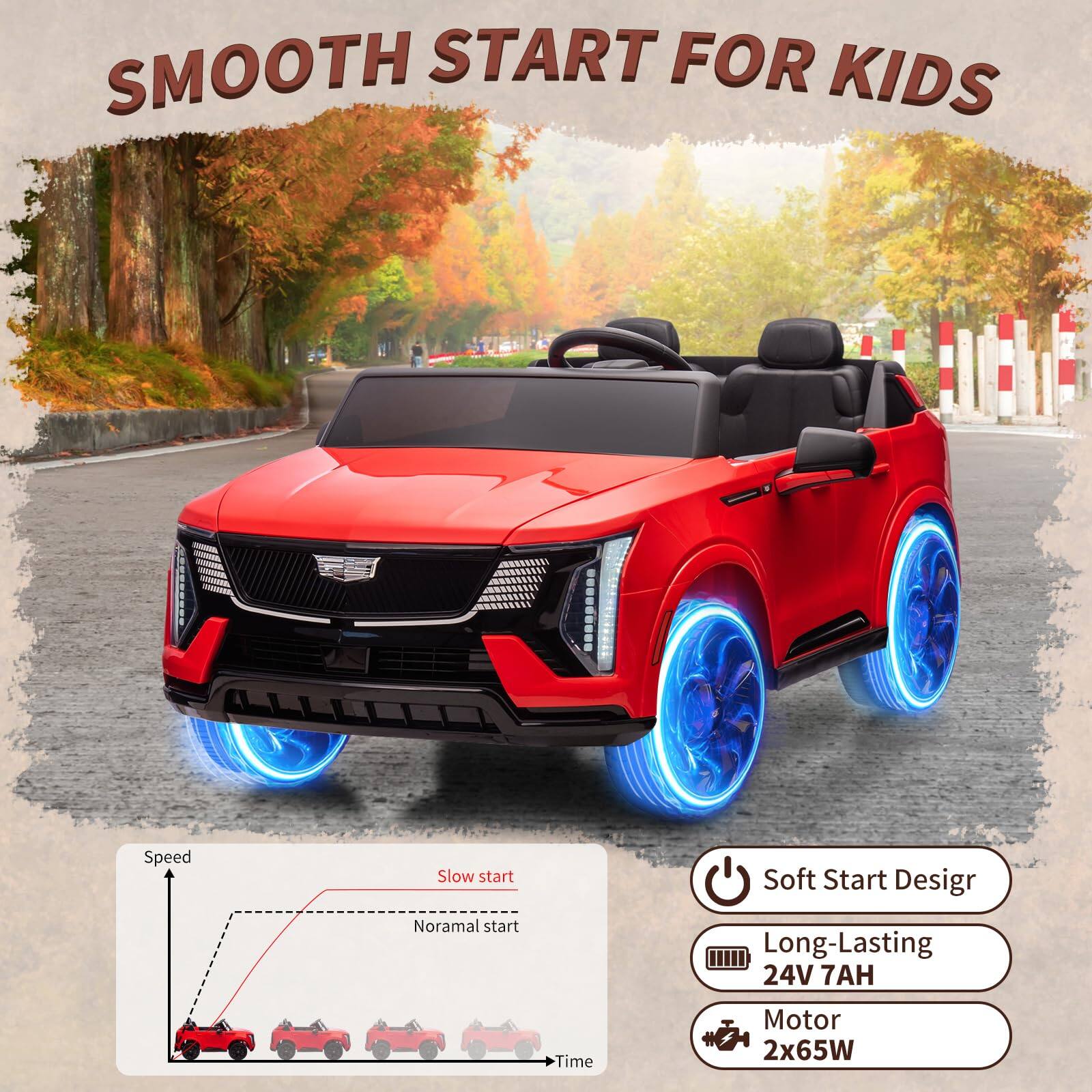 SMOOTH START FOR KIDS

Speed
Slow start
Normal start
Time

Soft Start Design
Long-Lasting 24V 7AH
Motor 2x65W