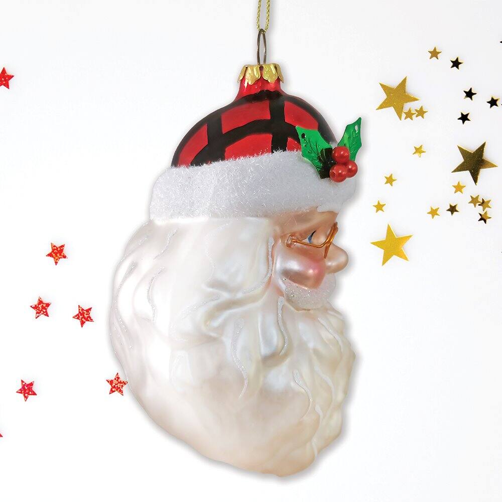 Left. OrnamentallyYou - Cheerful Santa Head Sparkling Glass Christmas Ornament - Multi-colored.