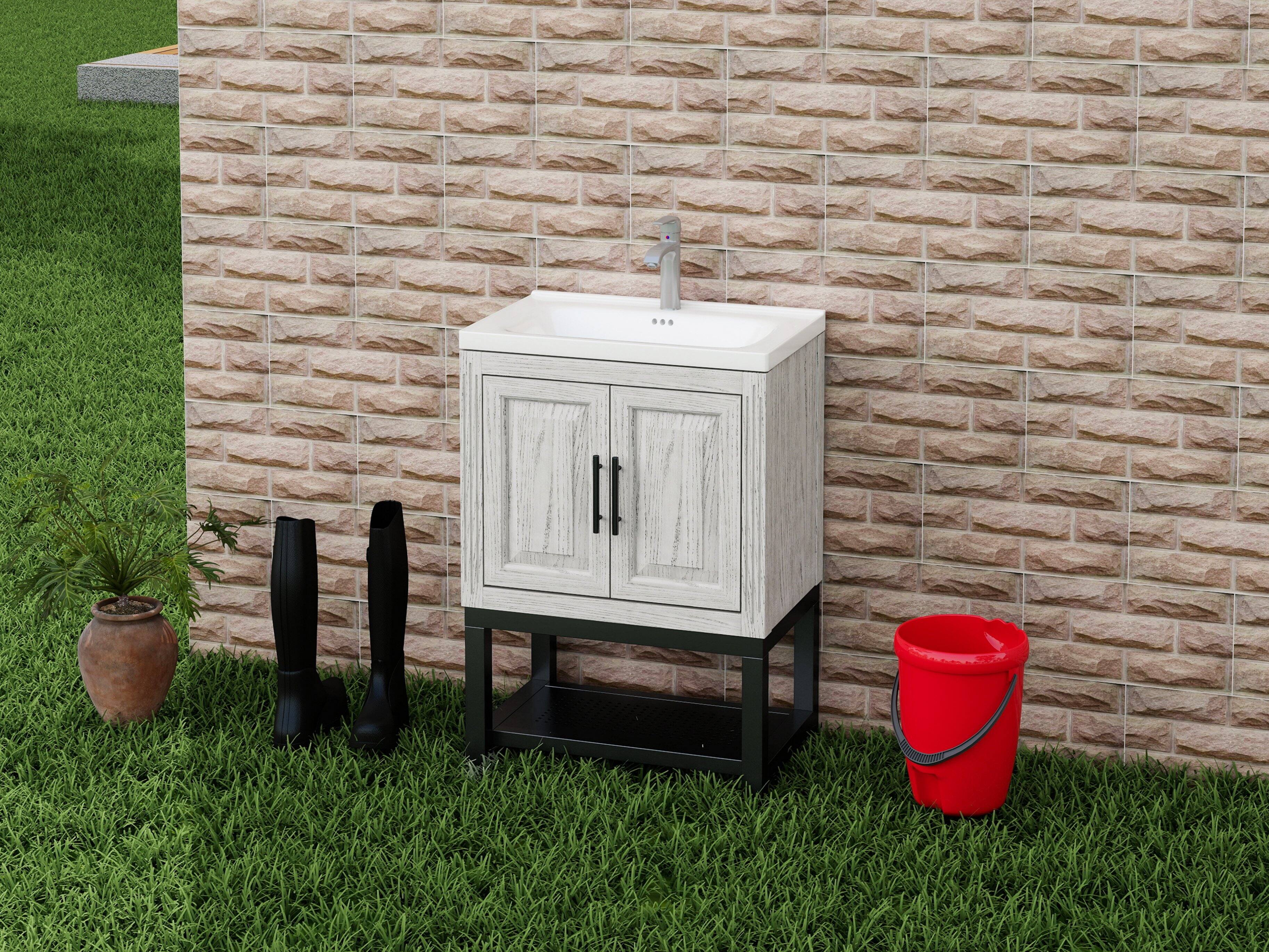 Alt View 2. TinyHomie - 24in Bathroom Vanity with White Ceramic Sink and Hot and Cold Faucet Freestanding Bathroom Cabinet with 2 Storage Doors - White.