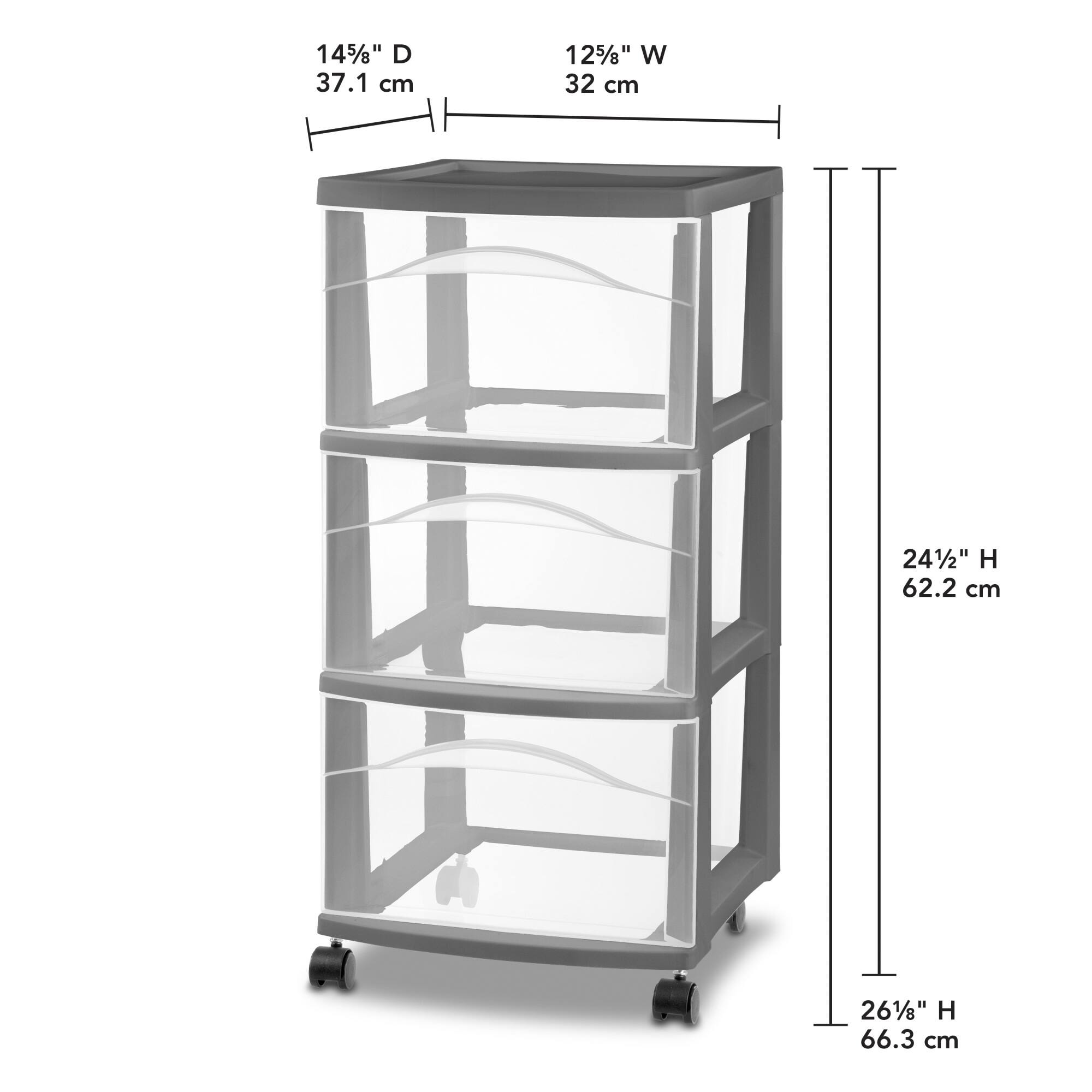 14 5/8" D 37.1 cm  
12 5/8" W 32 cm  
24 1/2" H 62.2 cm  
26 1/8" H 66.3 cm