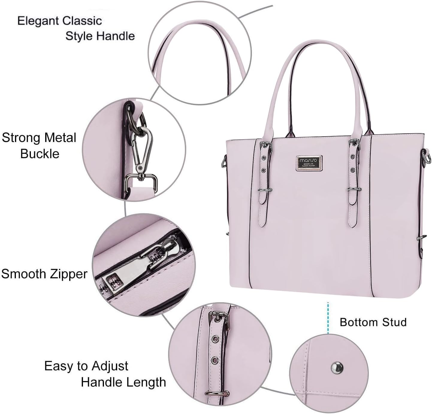 Elegant Classic Style Handle  
Strong Metal Buckle  
Smooth Zipper  
Bottom Stud  
Easy to Adjust Handle Length