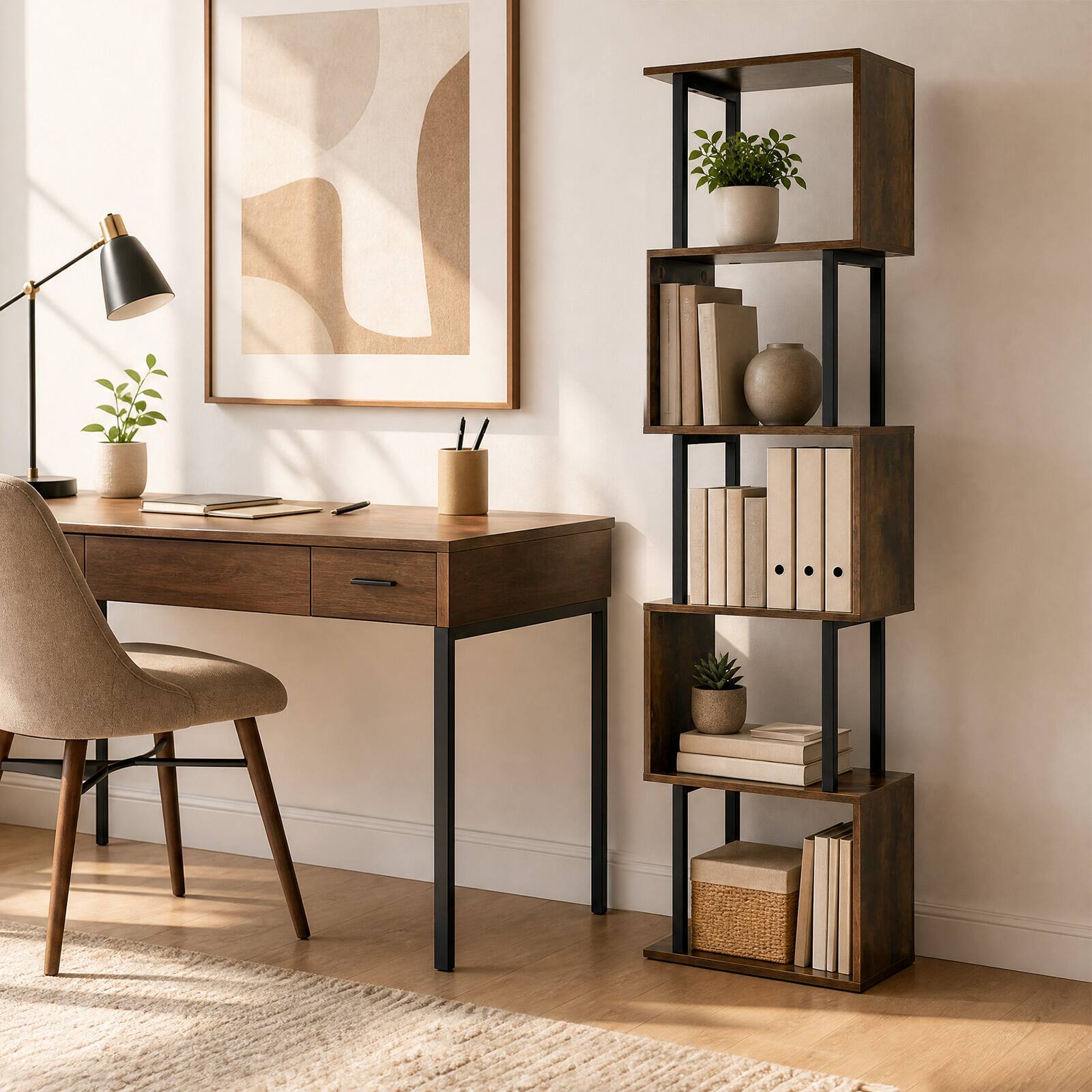 Alt View 4. Costway - Costway 1 PCS S-Shaped Bookshelf, 5-Tier Geometric Bookcase Corner Display Shelf for Office - Rustic Brown.