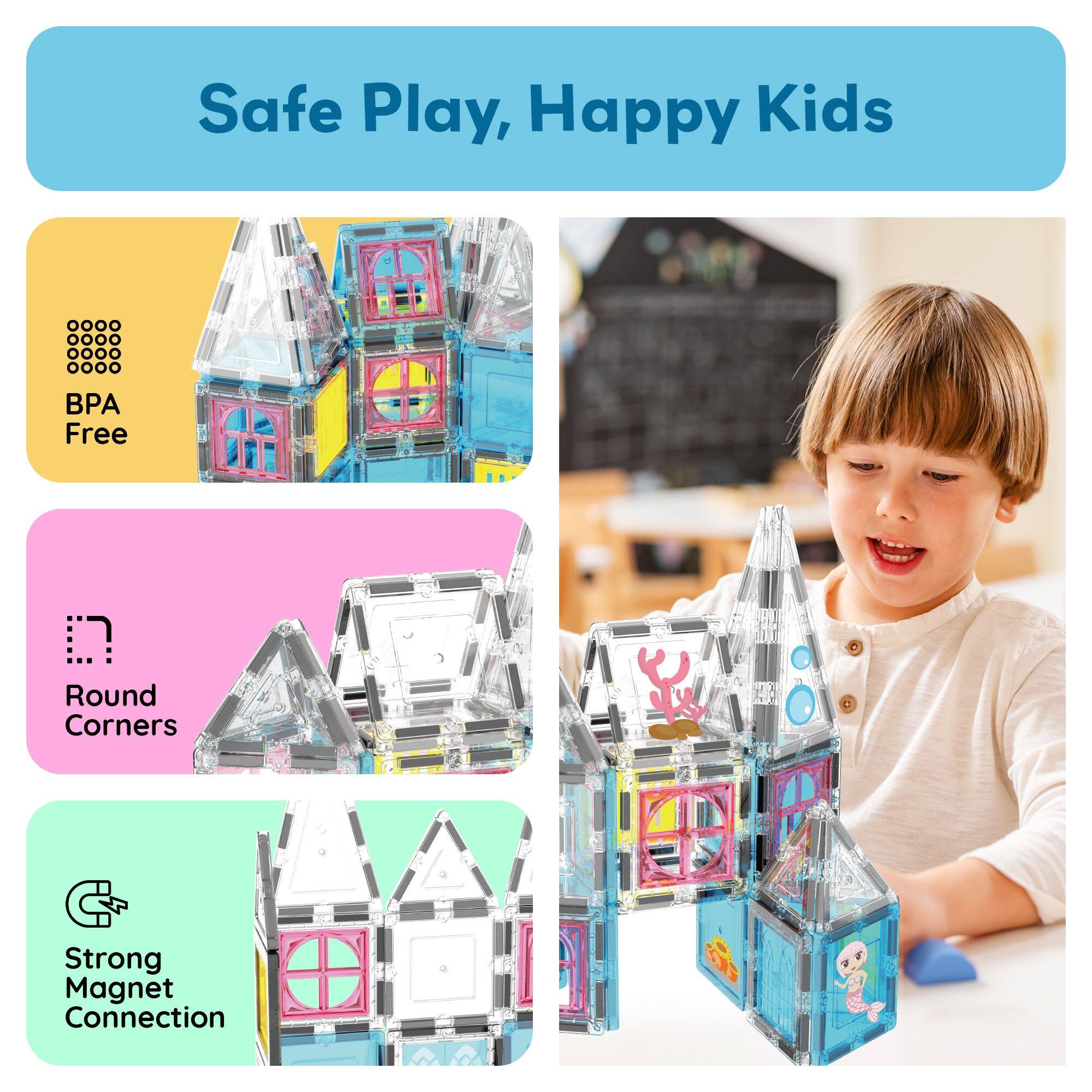 Safe Play, Happy Kids

- BPA Free
- Round Corners
- Strong Magnet Connection