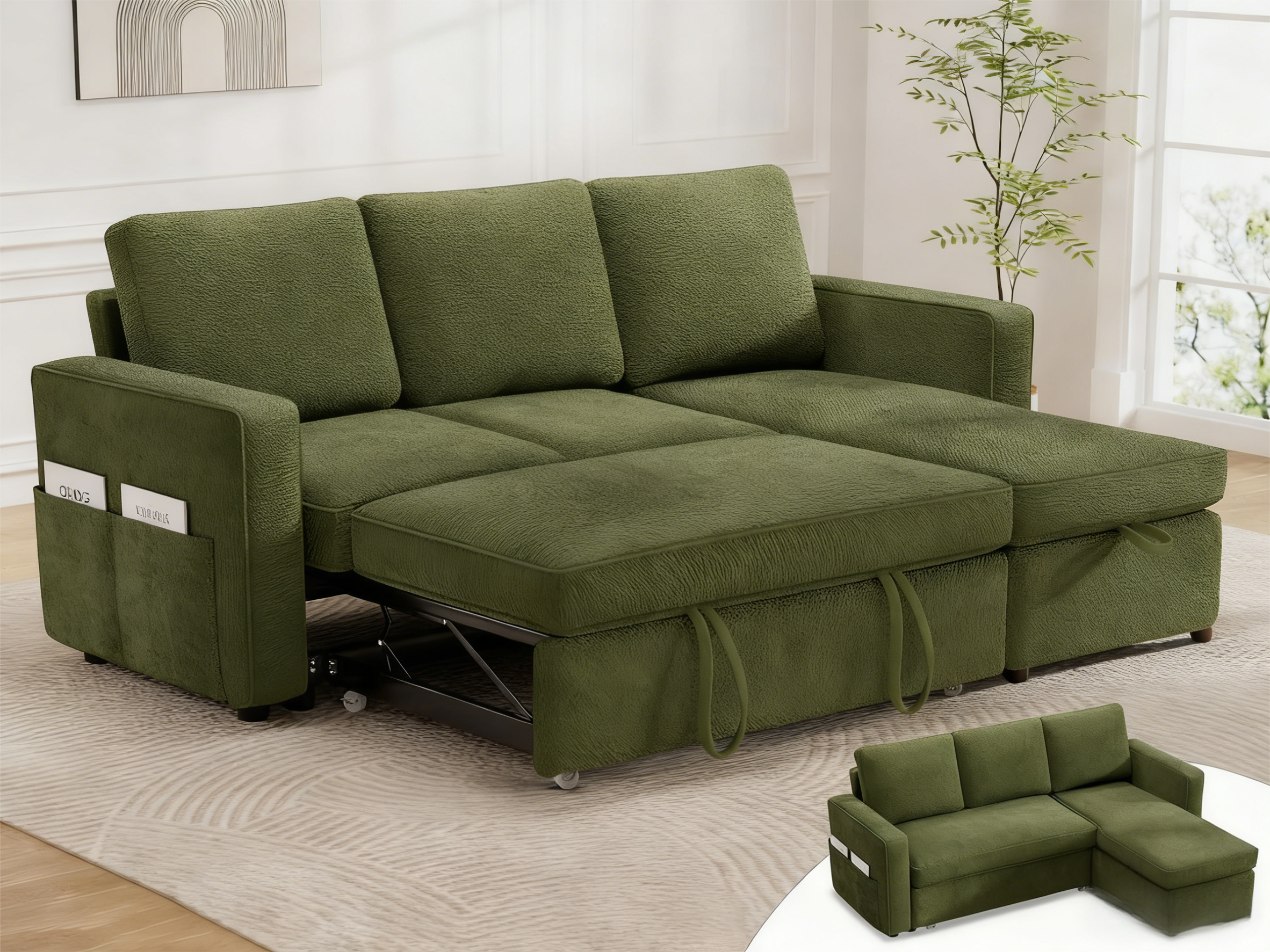 Dyonery - 81-inch multi-functional sofa bed, pull-out sofa, no tool assembly required, with side pockets and storage - Green