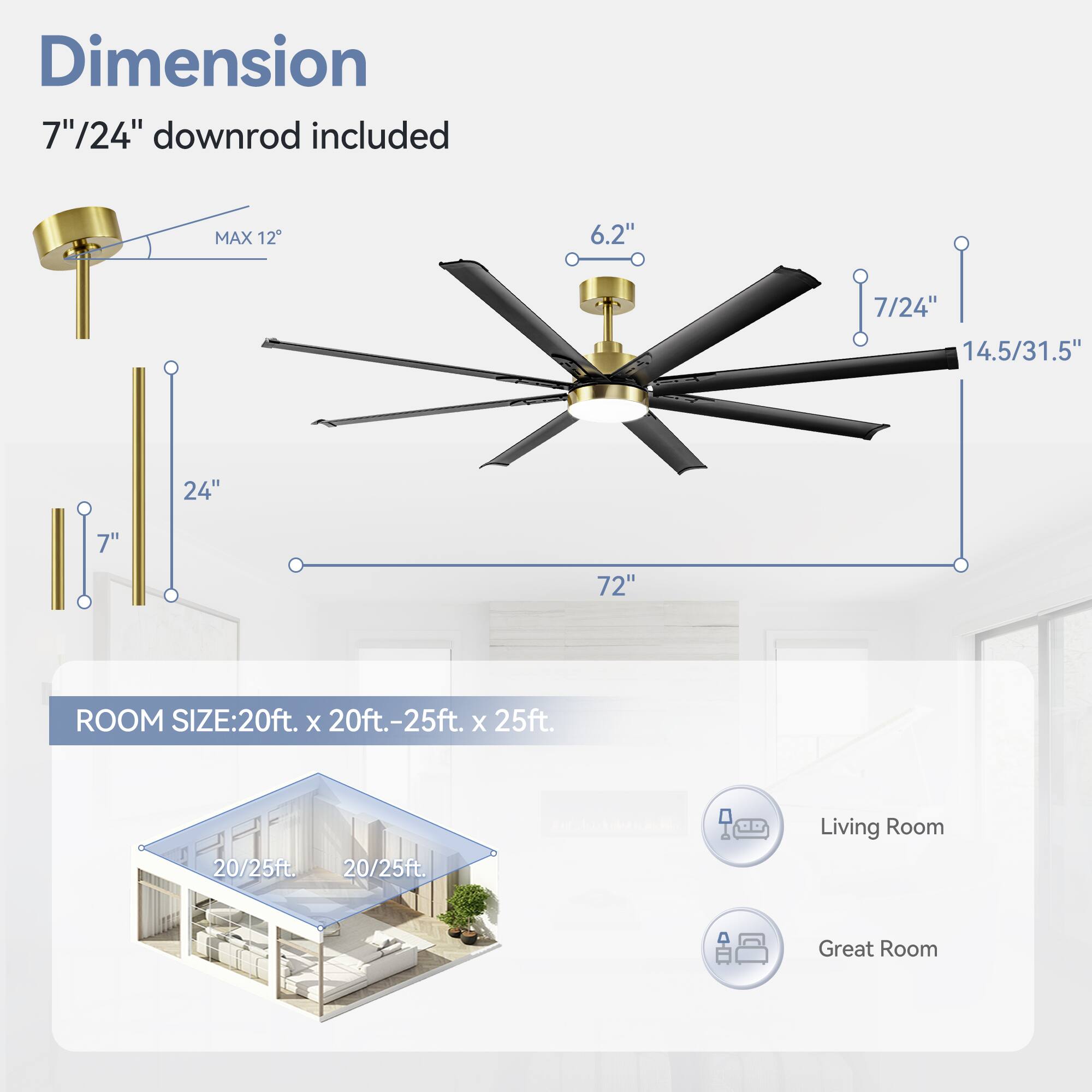 Dimension: 7"/24" downrod included
MAX 12
6.2"
7/24"
14.5/31.5"
24"
7"
72"
ROOM SIZE: 20ft. x 20ft.-25ft. x 25ft.
20/25ft.
20/25ft.
Living Room
Great Room