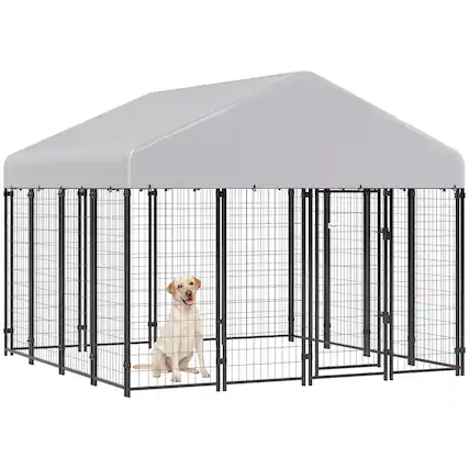 Front. Pawhut - Dog Kennel with Roof - Silver.