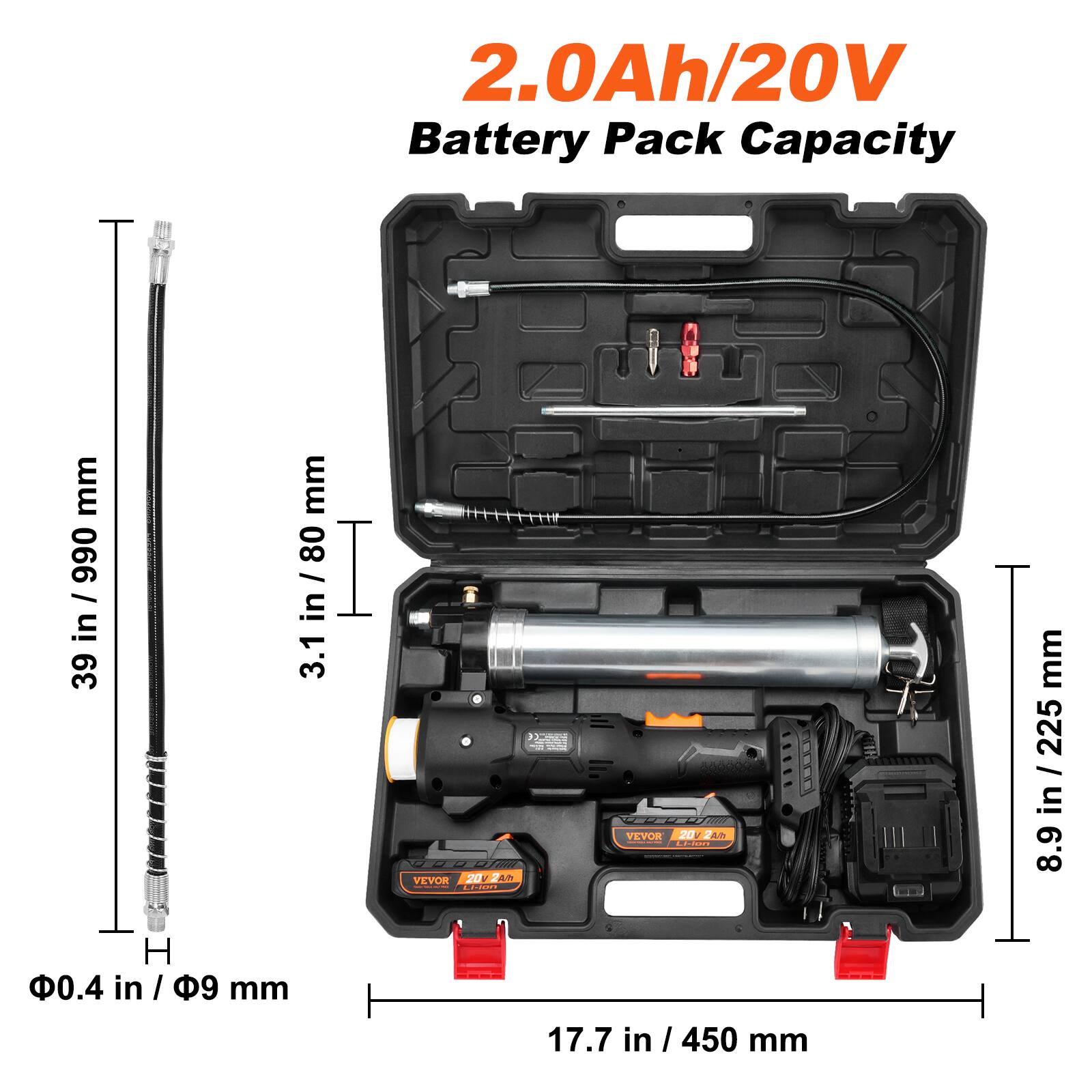 2.0Ah/20V Battery Pack Capacity

- 39 in / 990 mm
- 3.1 in / 80 mm
- 8.9 in / 225 mm
- 17.7 in / 450 mm
- Ø0.4 in / Ø9 mm