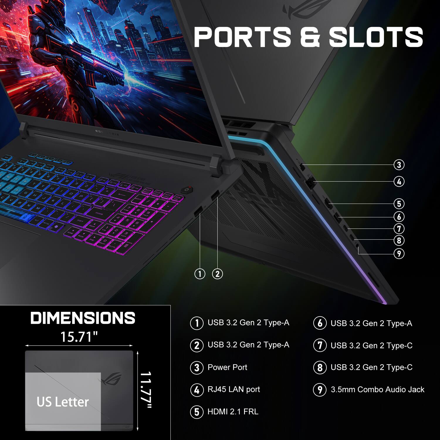 PORTS & SLOTS

1. USB 3.2 Gen 2 Type-A
2. USB 3.2 Gen 2 Type-A
3. Power Port
4. RJ45 LAN port
5. HDMI 2.1 FRL
6. USB 3.2 Gen 2 Type-A
7. USB 3.2 Gen 2 Type-C
8. USB 3.2 Gen 2 Type-C
9. 3.5mm Combo Audio Jack

DIMENSIONS
15.71" US Letter
11.77"