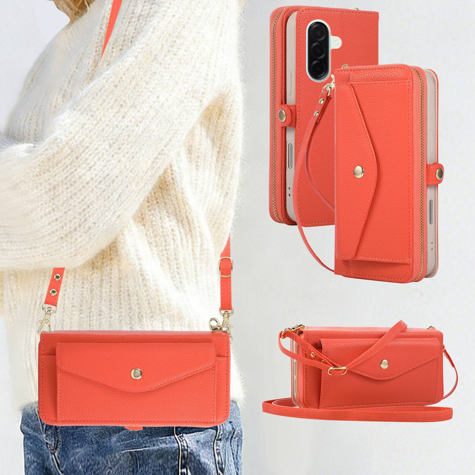 Alt View 3. Dteck - Leather Wallet Phone Case for Samsung Galaxy A37 5G with Crossbody Strap, Shockproof Zipper Pocket Mirror Stand Cover - Orange.
