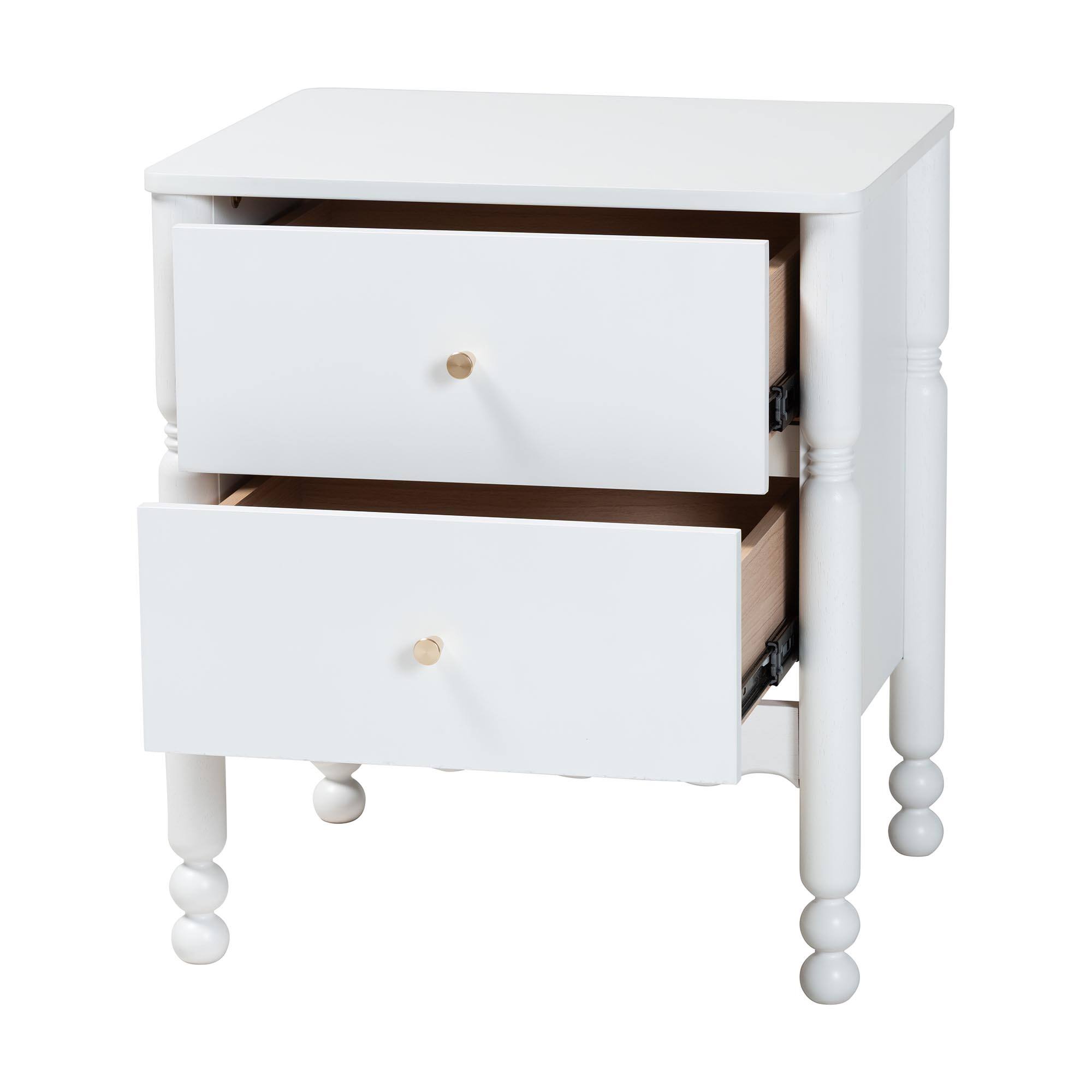Angle. Baxton Studio - Hoffman Nightstand - 2-Drawer Bedside Table with Scalloped Apron and Turned Legs for Bedroom - White.