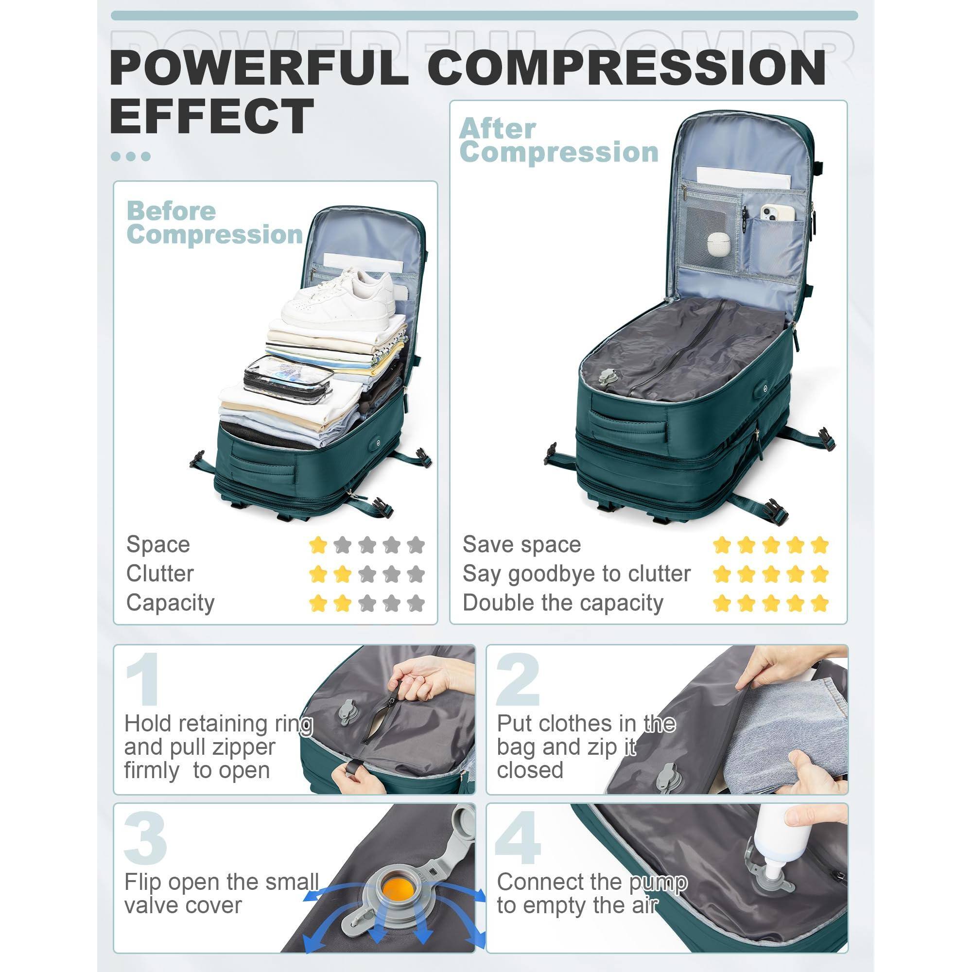 **POWERFUL COMPRESSION EFFECT**

**Before Compression**  
- Space  
- Clutter  
- Capacity  

**After Compression**  
- Save space  
- Say goodbye to clutter  
- Double the capacity  

1. Hold retaining ring and pull zipper firmly to open  
2. Put clothes in the bag and zip it closed  
3. Flip open the small valve cover  
4. Connect the pump to empty the air